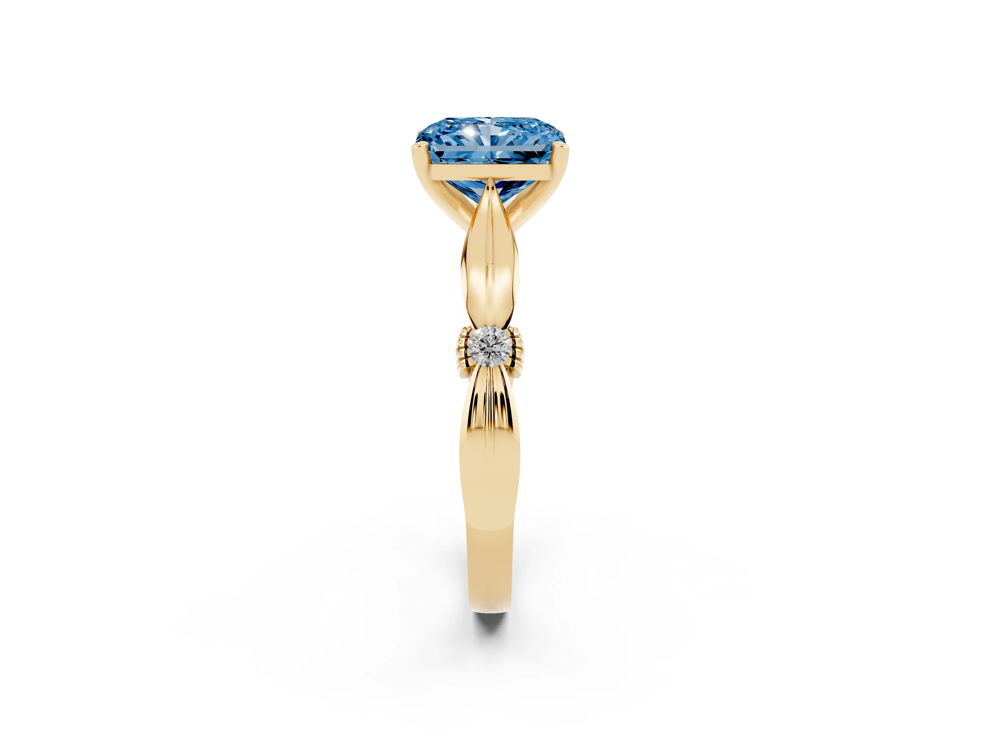Fancy Blue Radiant Cut Diamond Solitaire Twisted Band Ring Set in Yellow gold with Accent Stones and Prong Setting