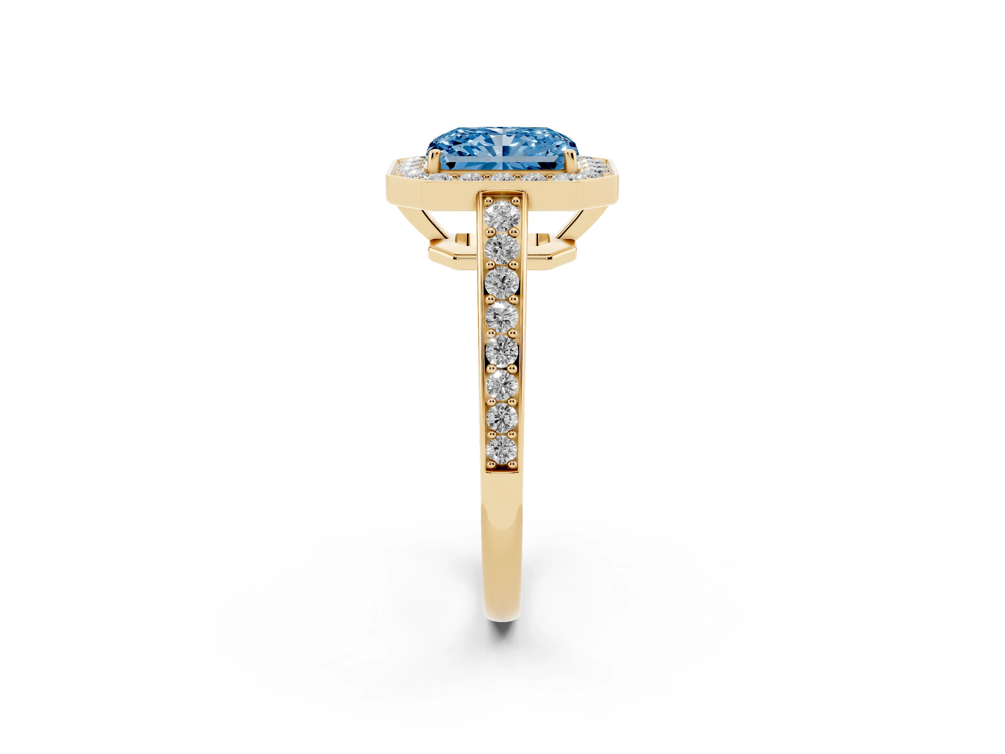Fancy Blue Radiant Cut Diamond Halo Pavé Engagement Ring Set in Yellow gold with Bezel Setting