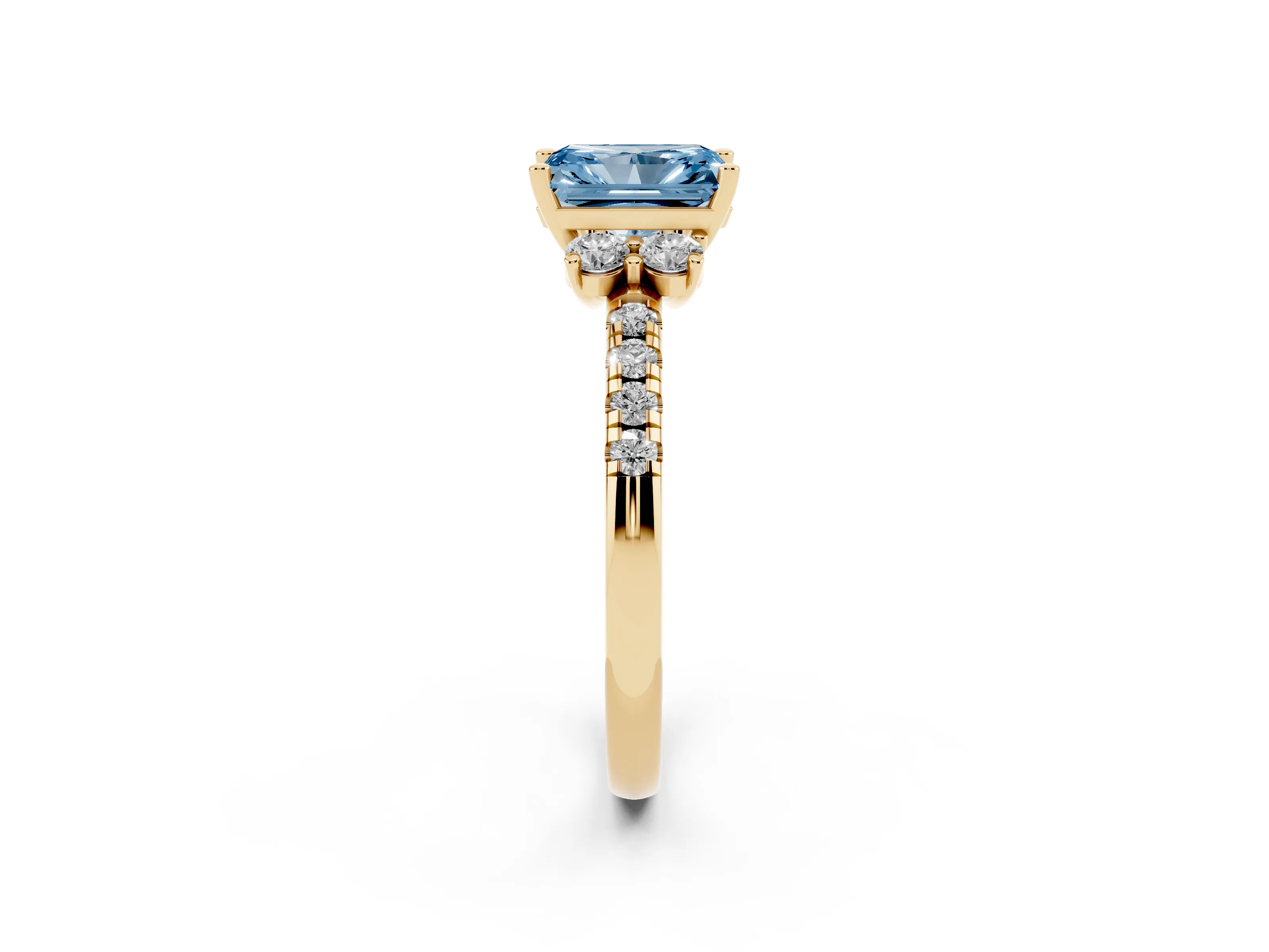 Fancy Blue Radiant Cut Diamond Three-Stone Pavé Ring Set in Yellow gold with Prong Setting