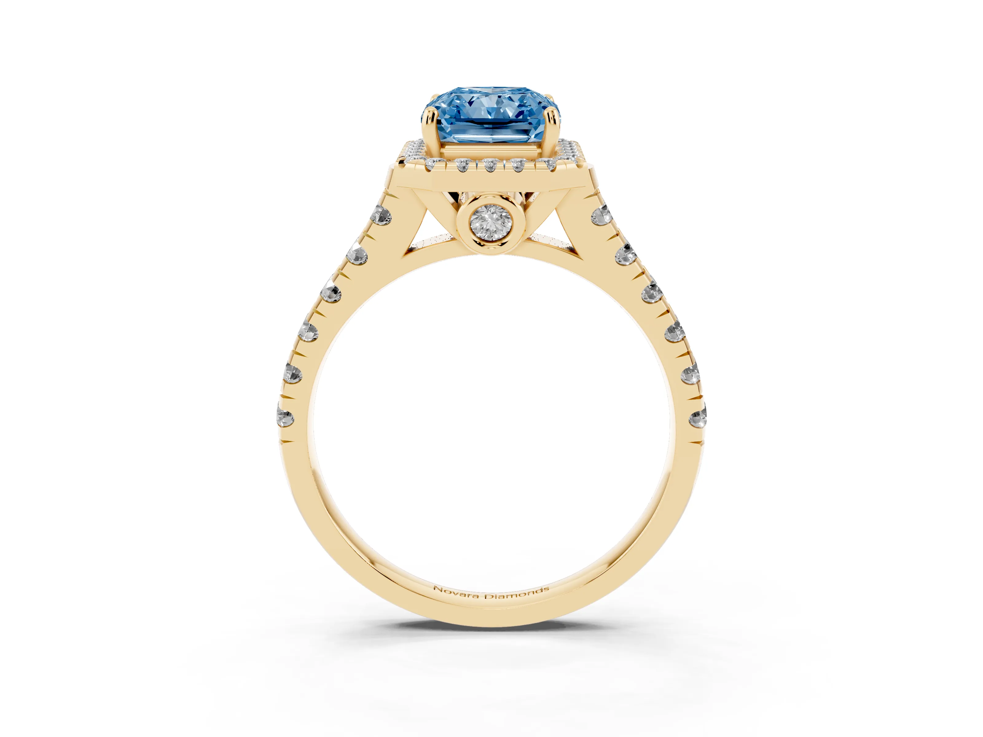 Fancy Blue Radiant Cut Diamond Halo Engagement Ring Set in Yellow gold with Pavé Band and Prong-Set Center
