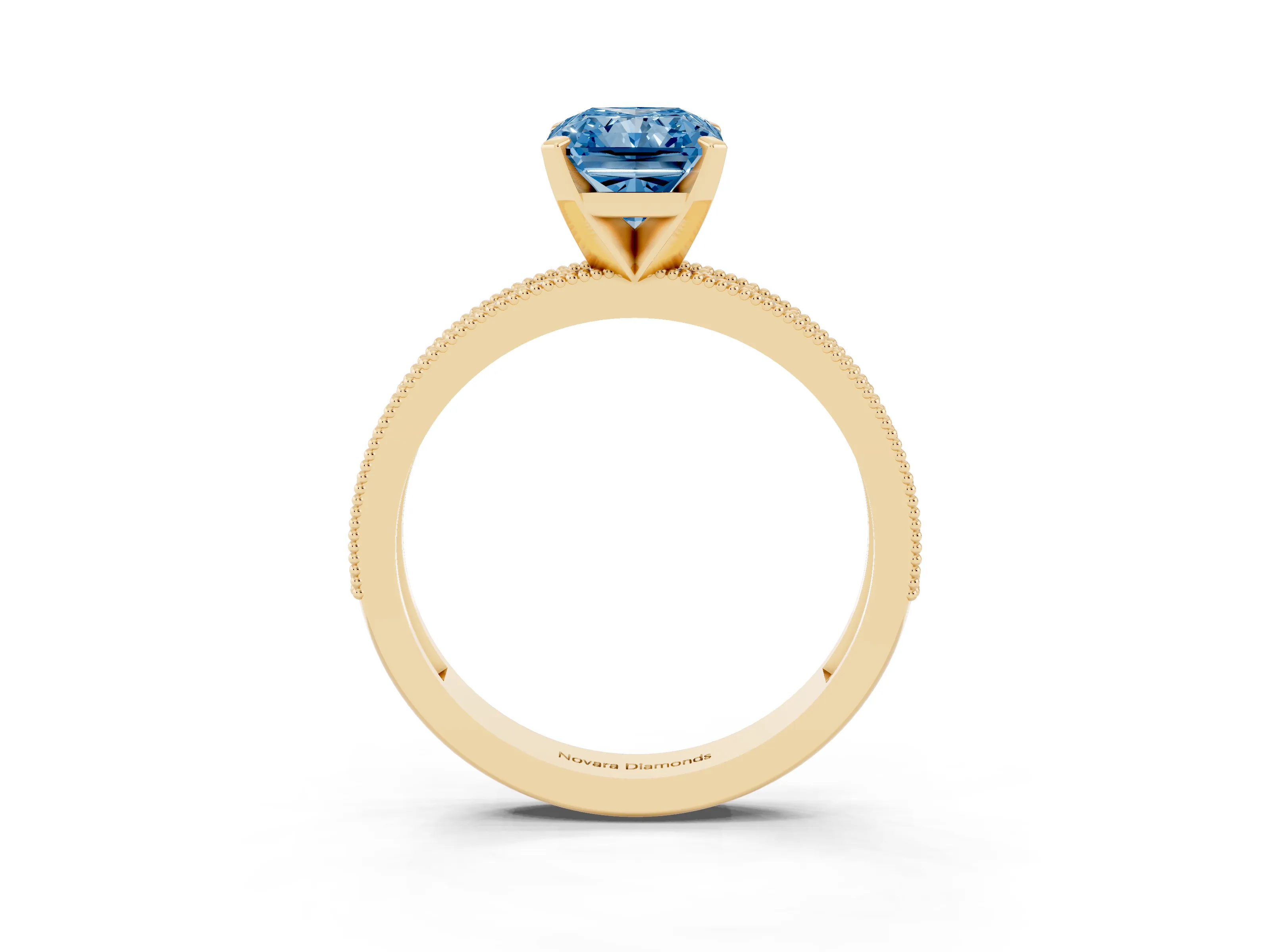 Fancy Blue Radiant Cut Diamond Milgrain Pavé Engagement Ring Set in Yellow gold with Prong Setting