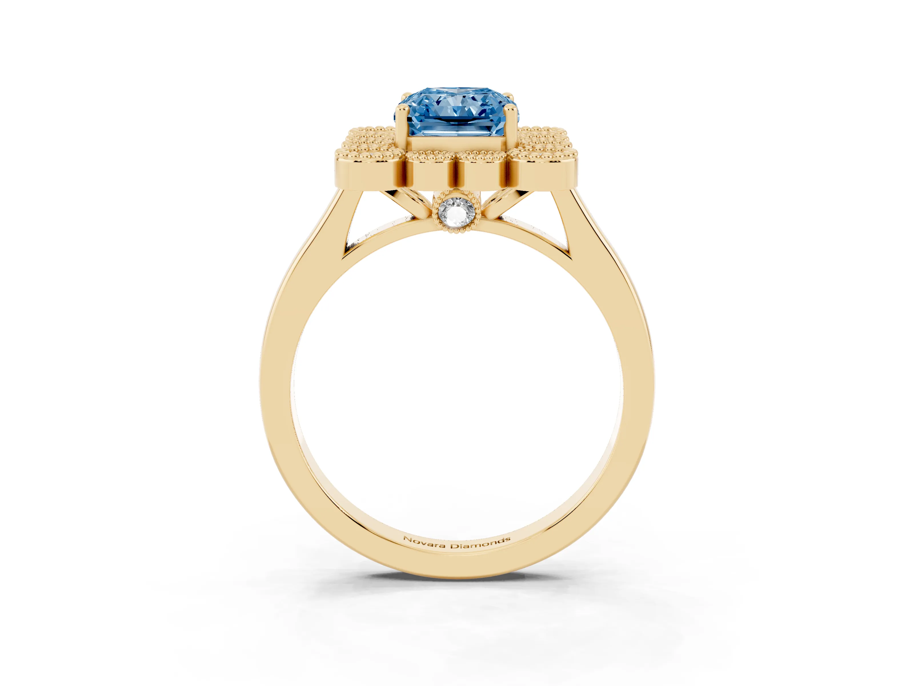 Fancy Blue Radiant Cut Diamond Cluster Halo Ring Set in Yellow gold with Milgrain Bezel Accents and Plain Band