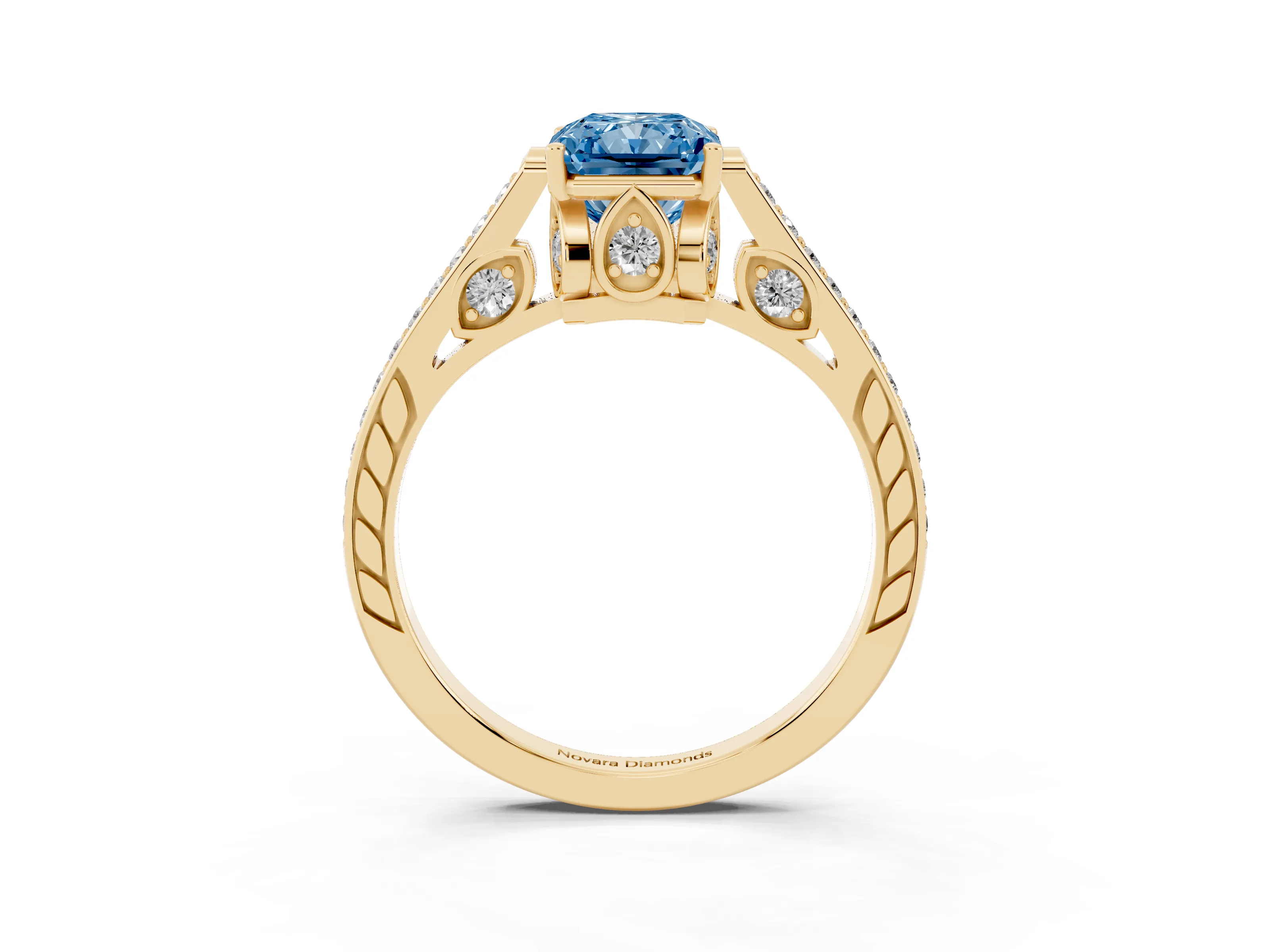 Fancy Blue Radiant Cut Diamond Cathedral Pavé Engagement Ring Set in Yellow gold with Prong Setting