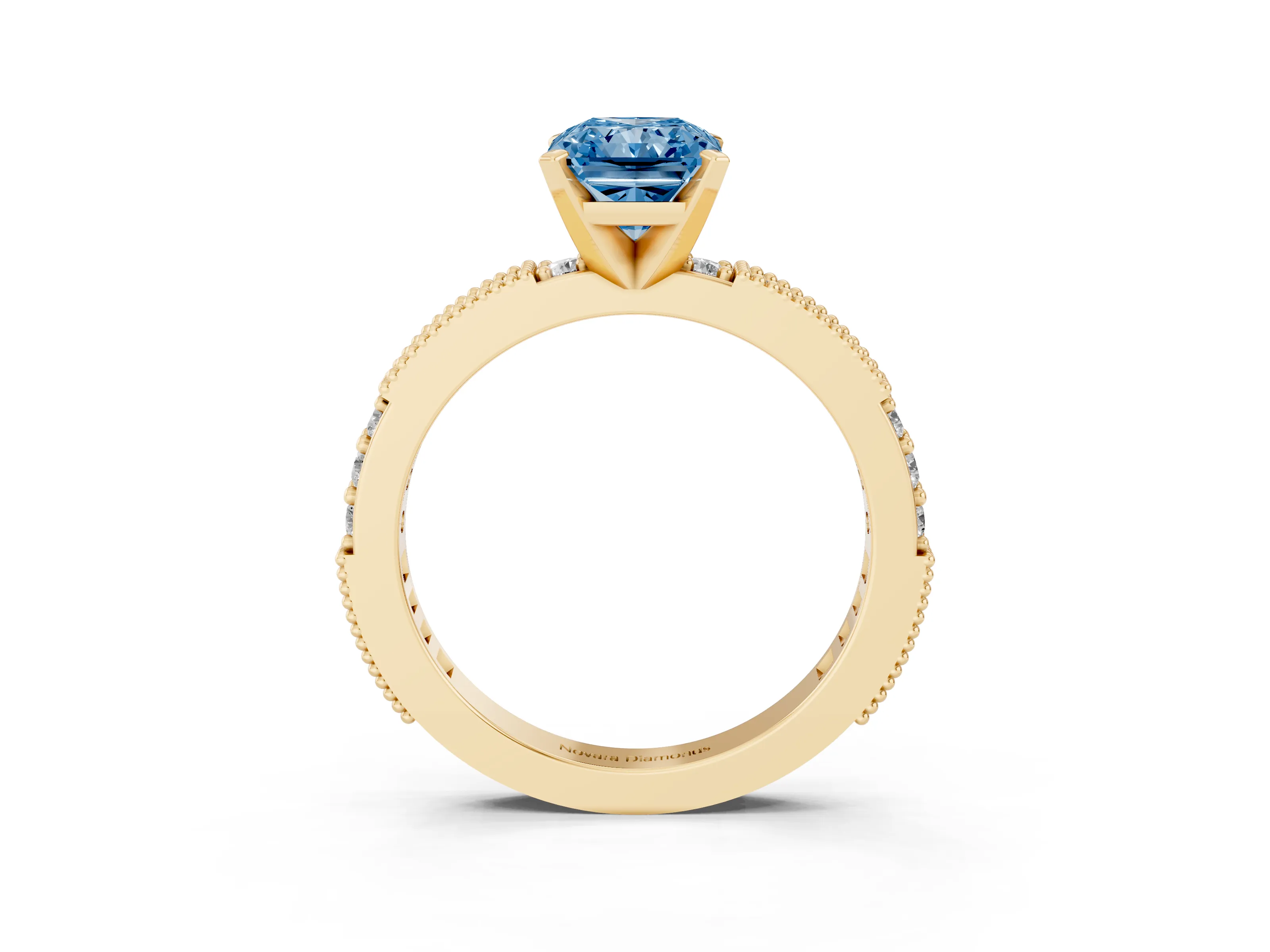Fancy Blue Radiant Cut Diamond Solitaire Ring Set in Yellow gold with Slim Pavé Band and Prong Setting