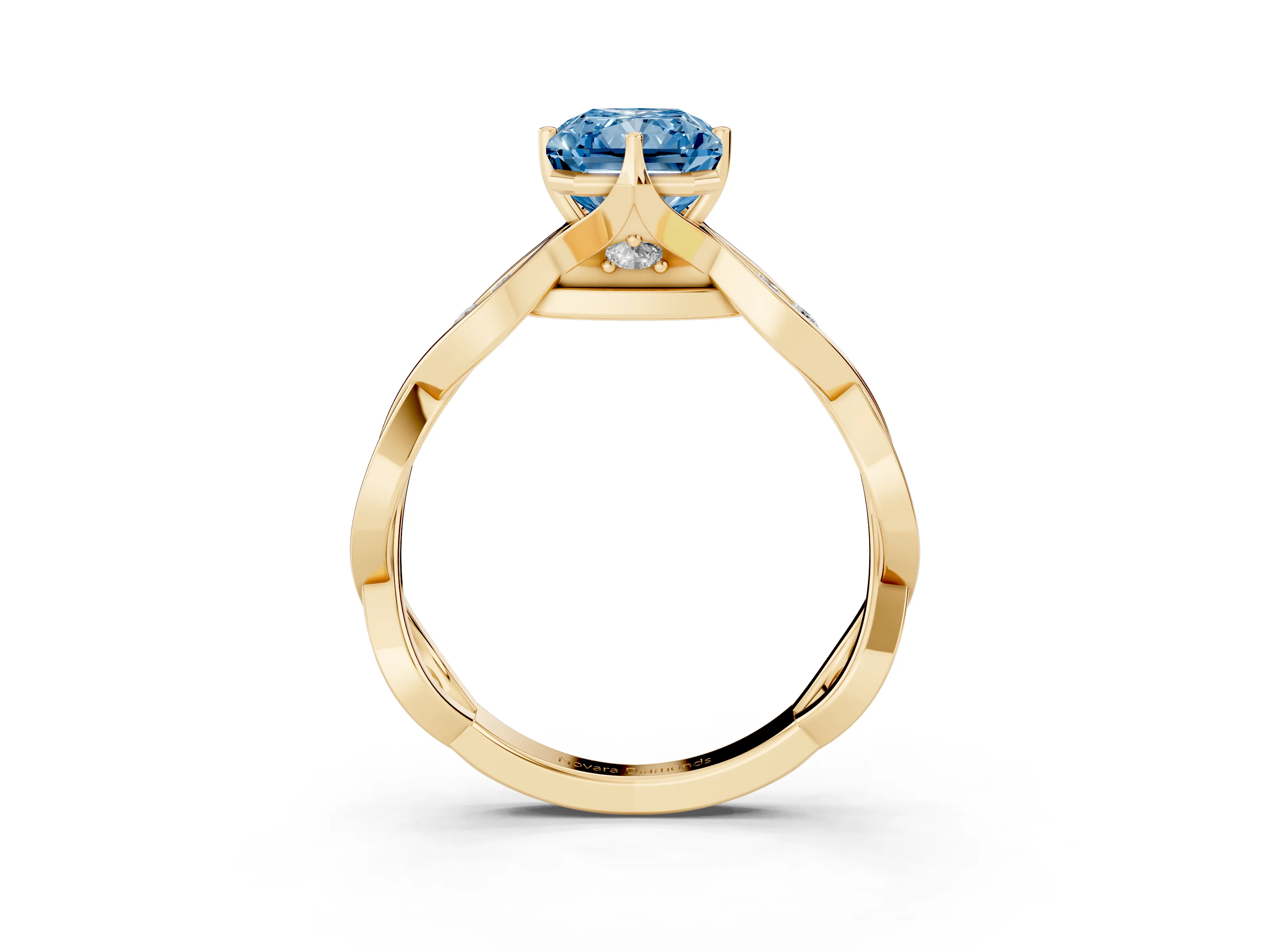 Fancy Blue Radiant Cut Diamond Twist Band Solitaire Ring Set in Yellow gold with Leaf Prong Setting and Accent Stones