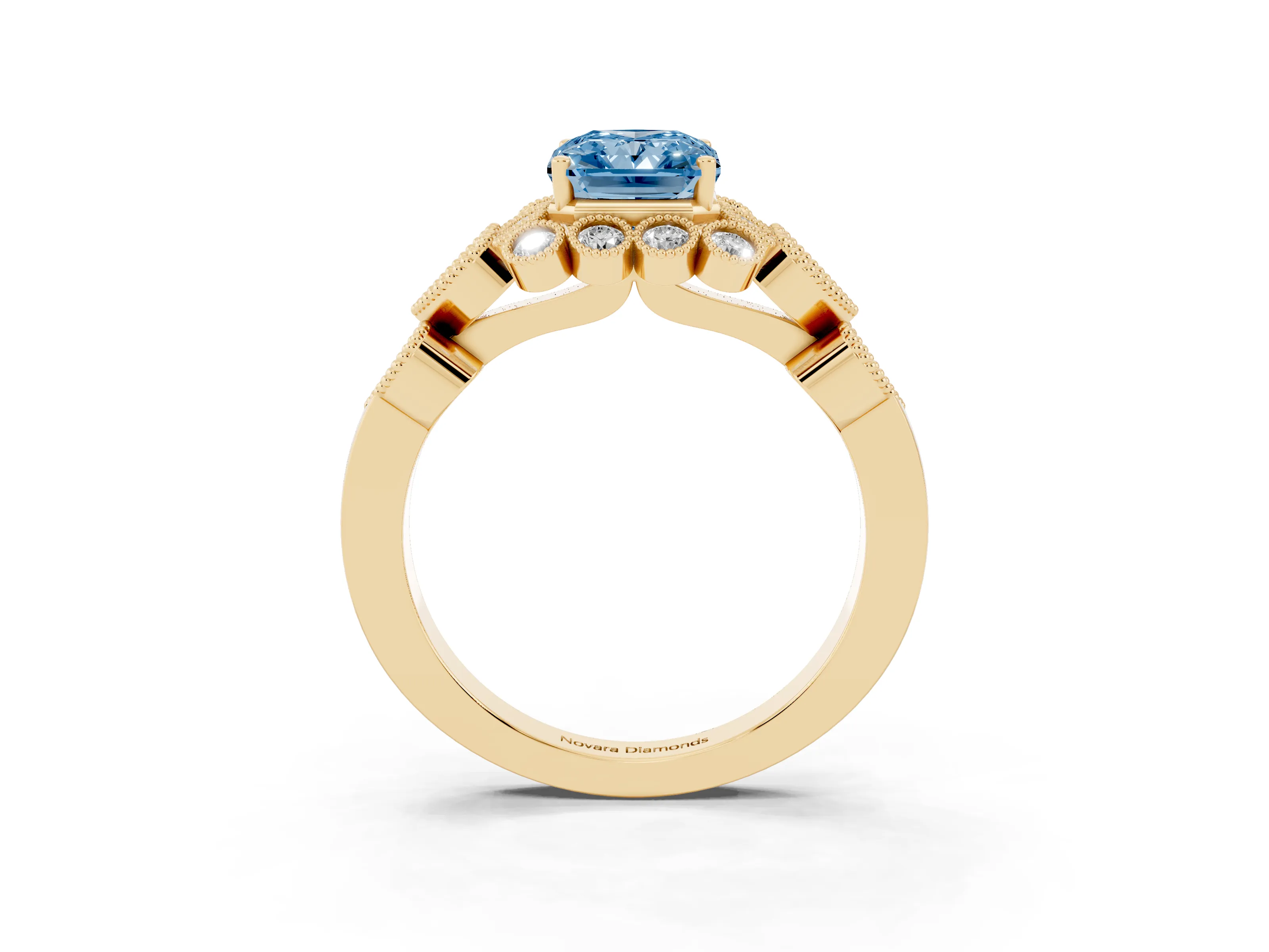 Fancy Blue Radiant Cut Diamond Solitaire Ring Set in Yellow gold with Milgrain Pavé Heart Band