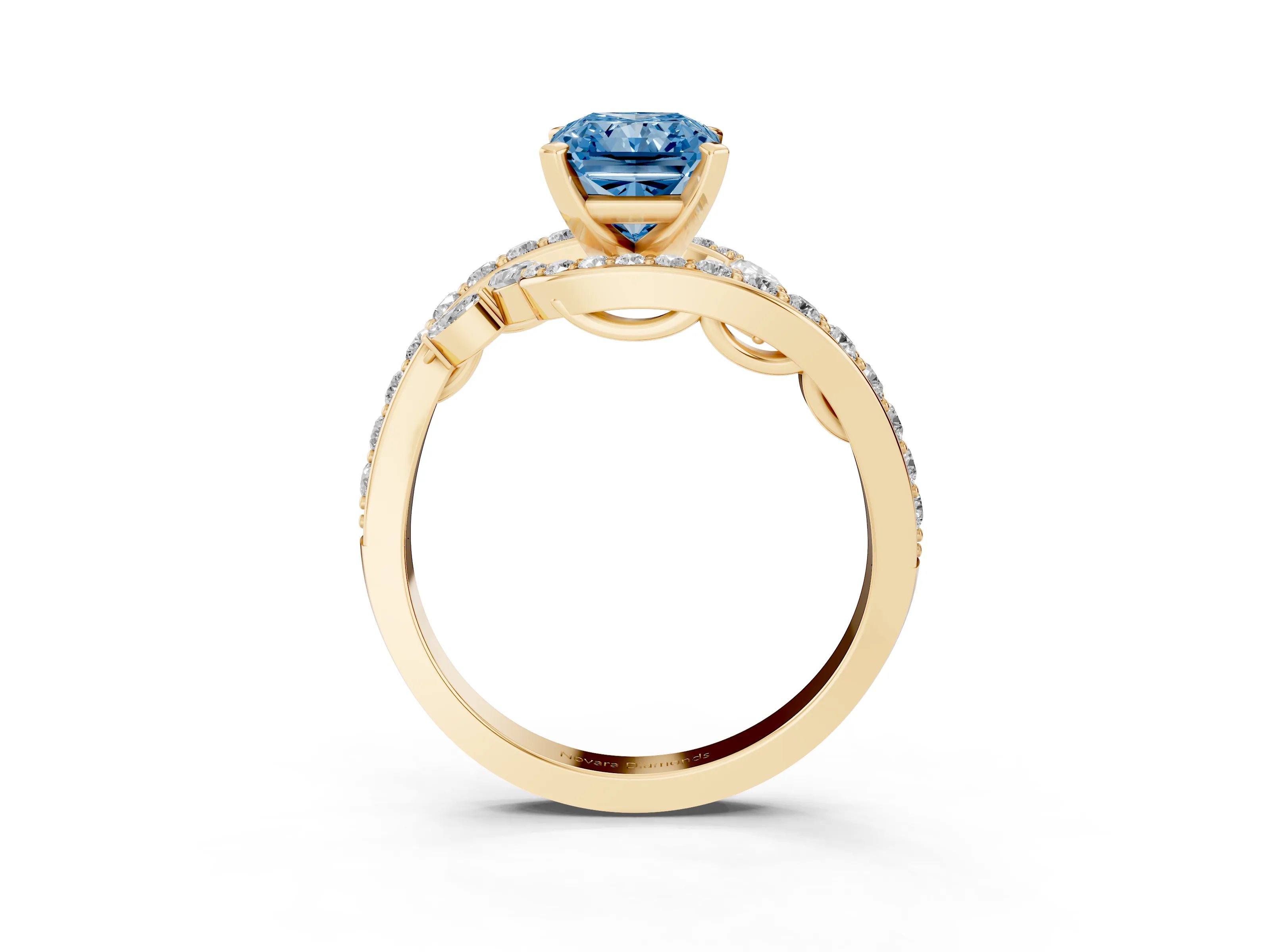 Fancy Blue Radiant Cut Diamond Solitaire Ring Set in Yellow gold with Pavé Twist Band and Secure Prong Setting