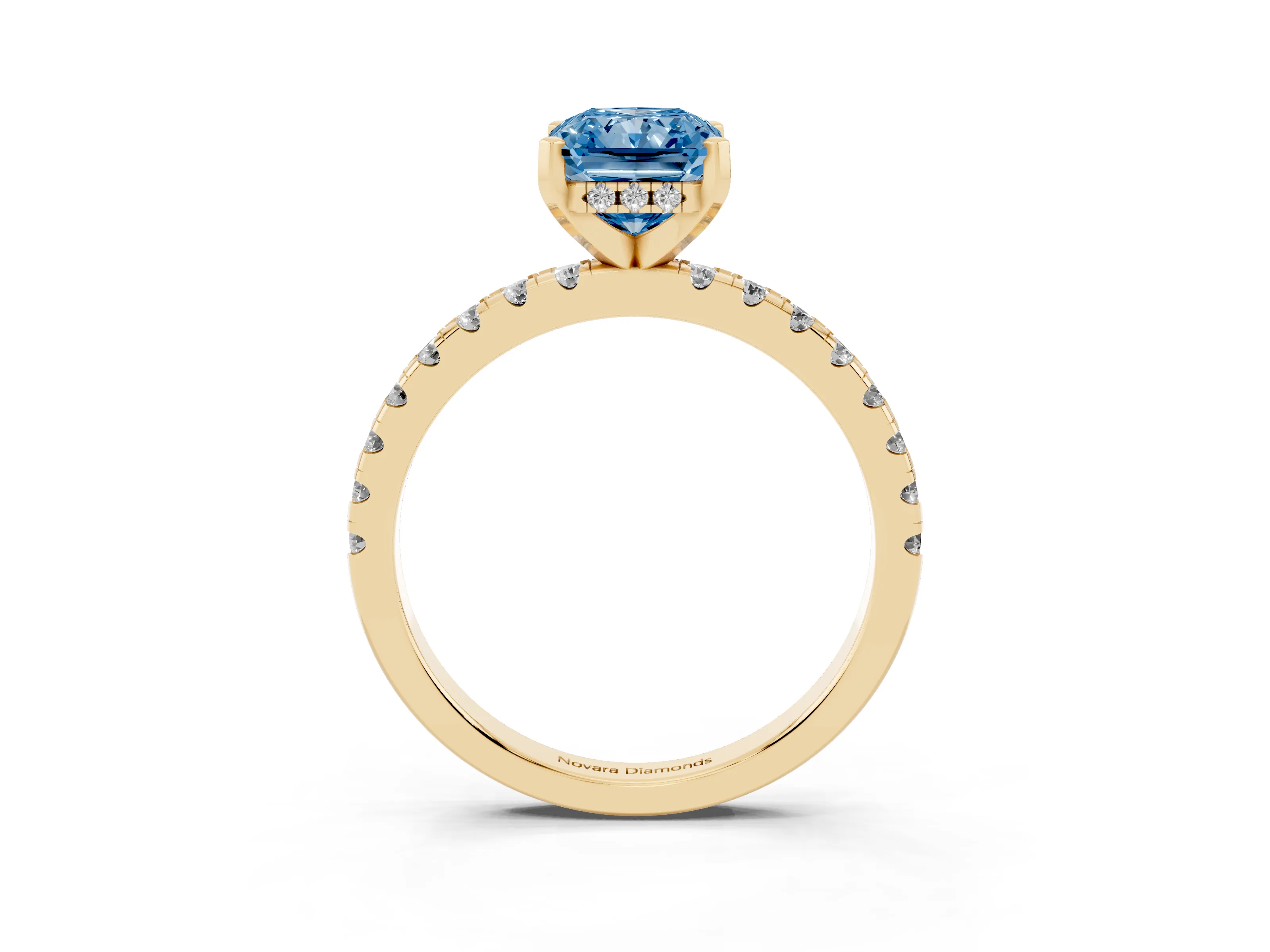 Fancy Blue Radiant Cut Diamond Pavé Solitaire Ring Set in Yellow gold with Round Band Accents and Prong Setting
