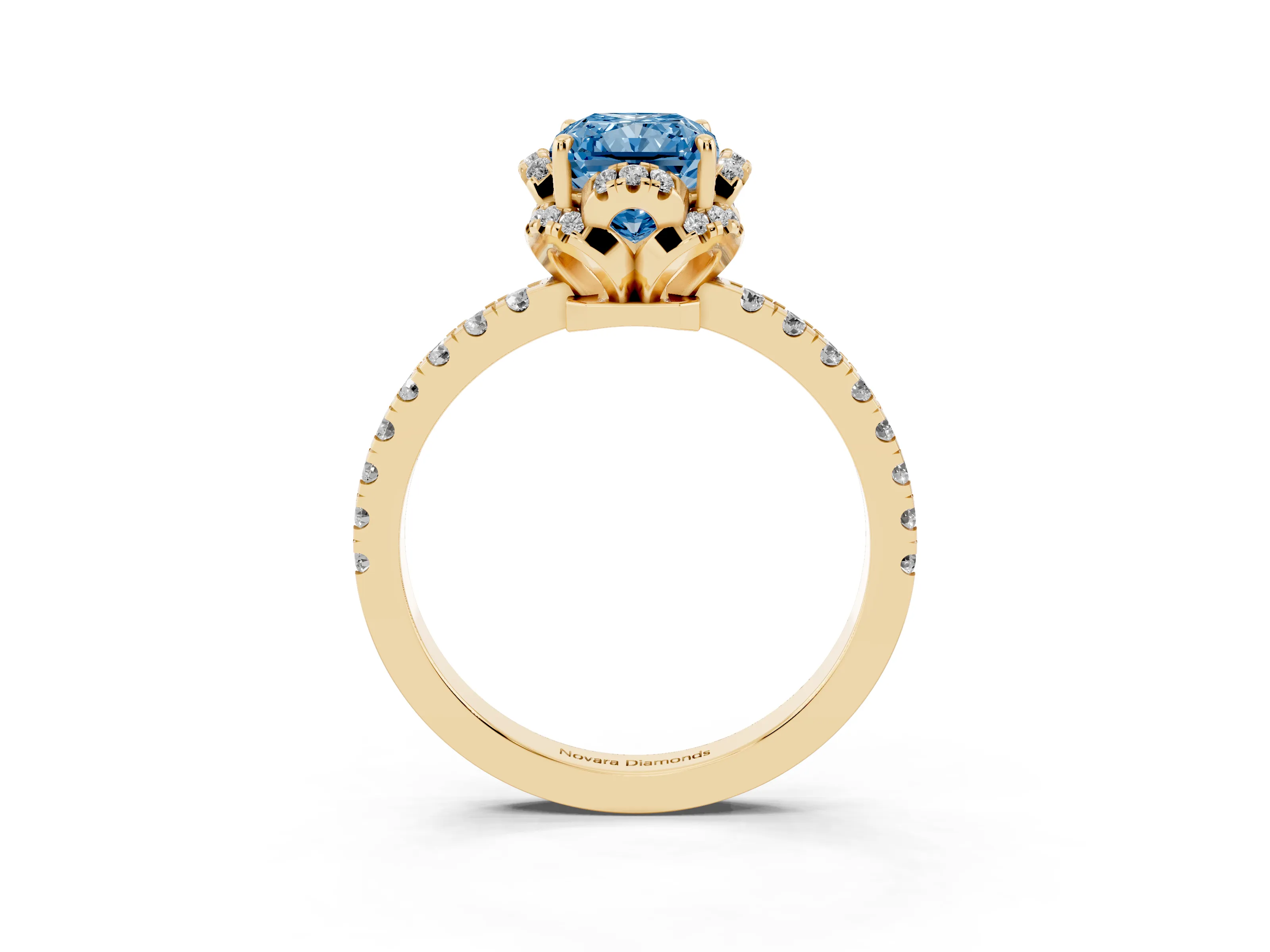 Fancy Blue Radiant Cut Diamond Halo Pavé Band Ring Set in Yellow gold with Prong-Held Center