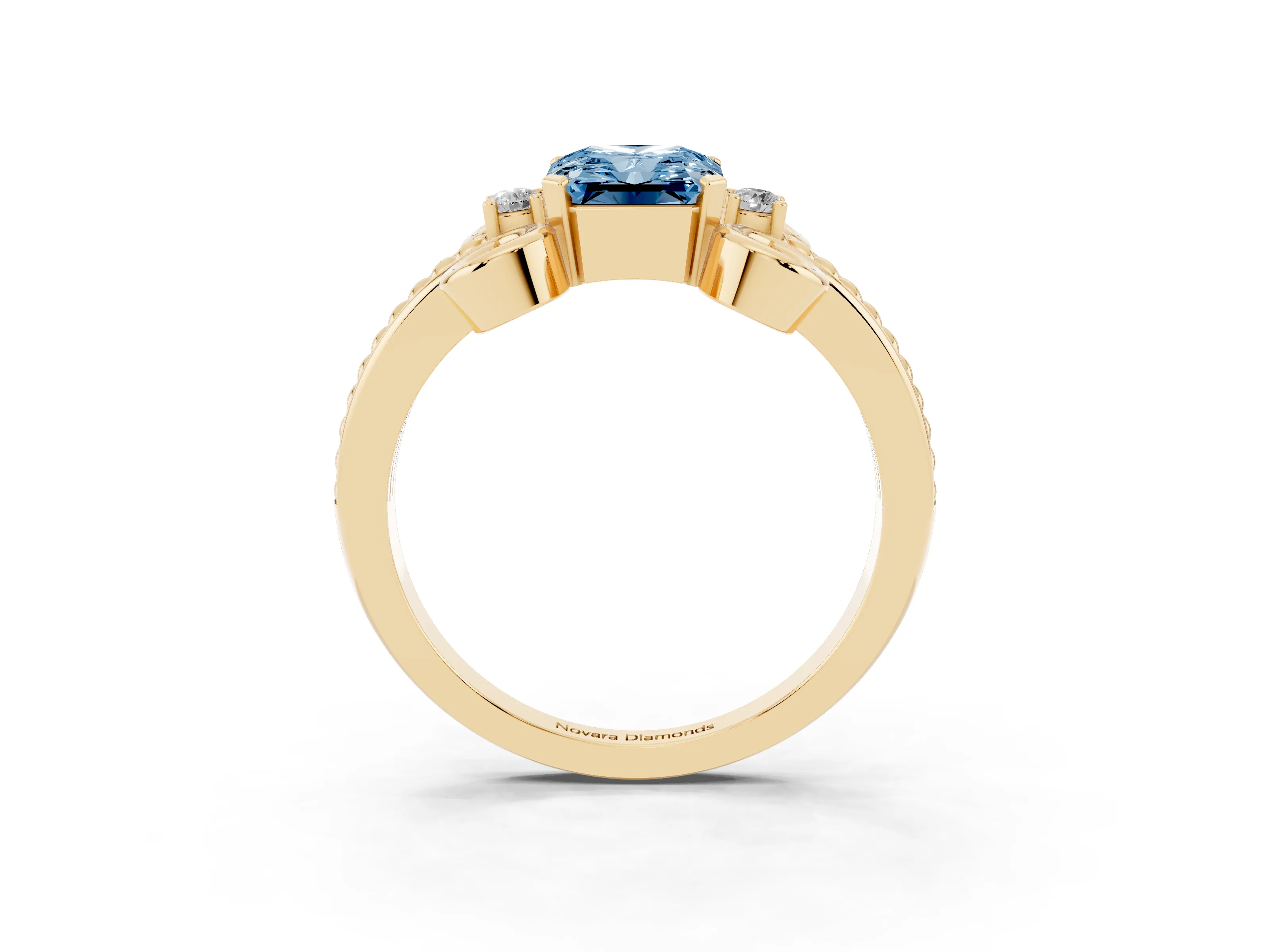 Fancy Blue Radiant Cut Diamond Twisted Band Solitaire Ring Set in Yellow gold with Scroll Prongs