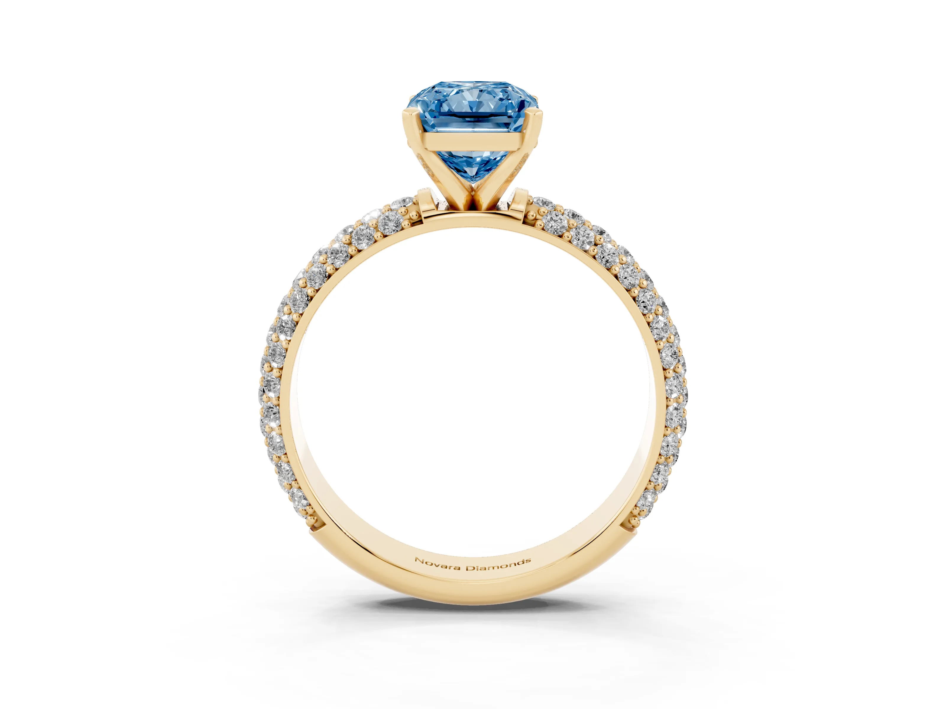 Fancy Blue Radiant Cut Diamond Solitaire Ring Set in Yellow gold with Prong Setting and Pavé-Set Band