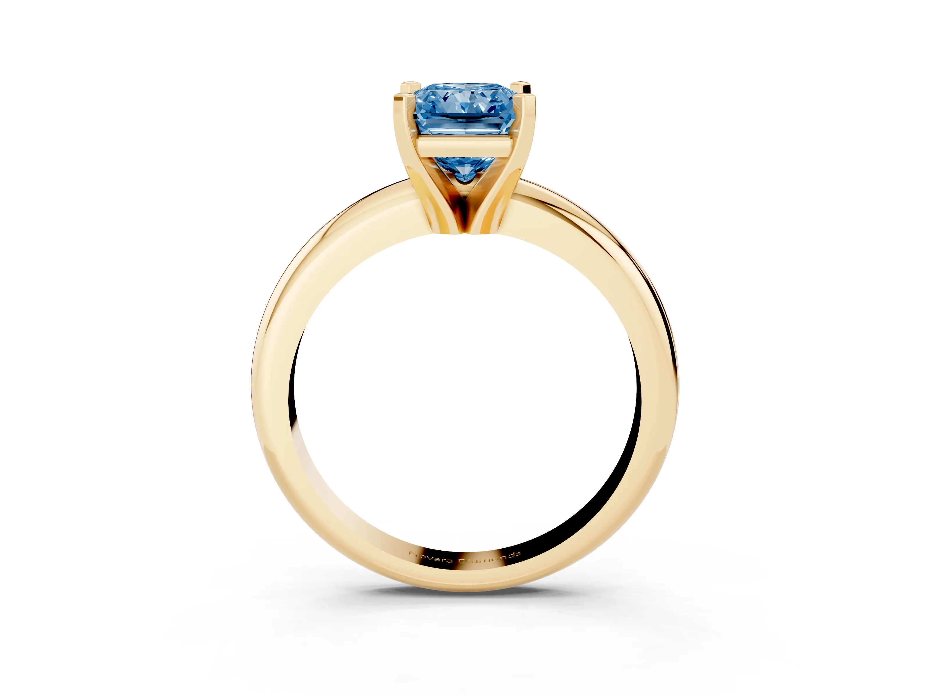 Fancy Blue Radiant Cut Diamond Solitaire Engagement Ring Set in Yellow gold with Round Band and Prong Setting