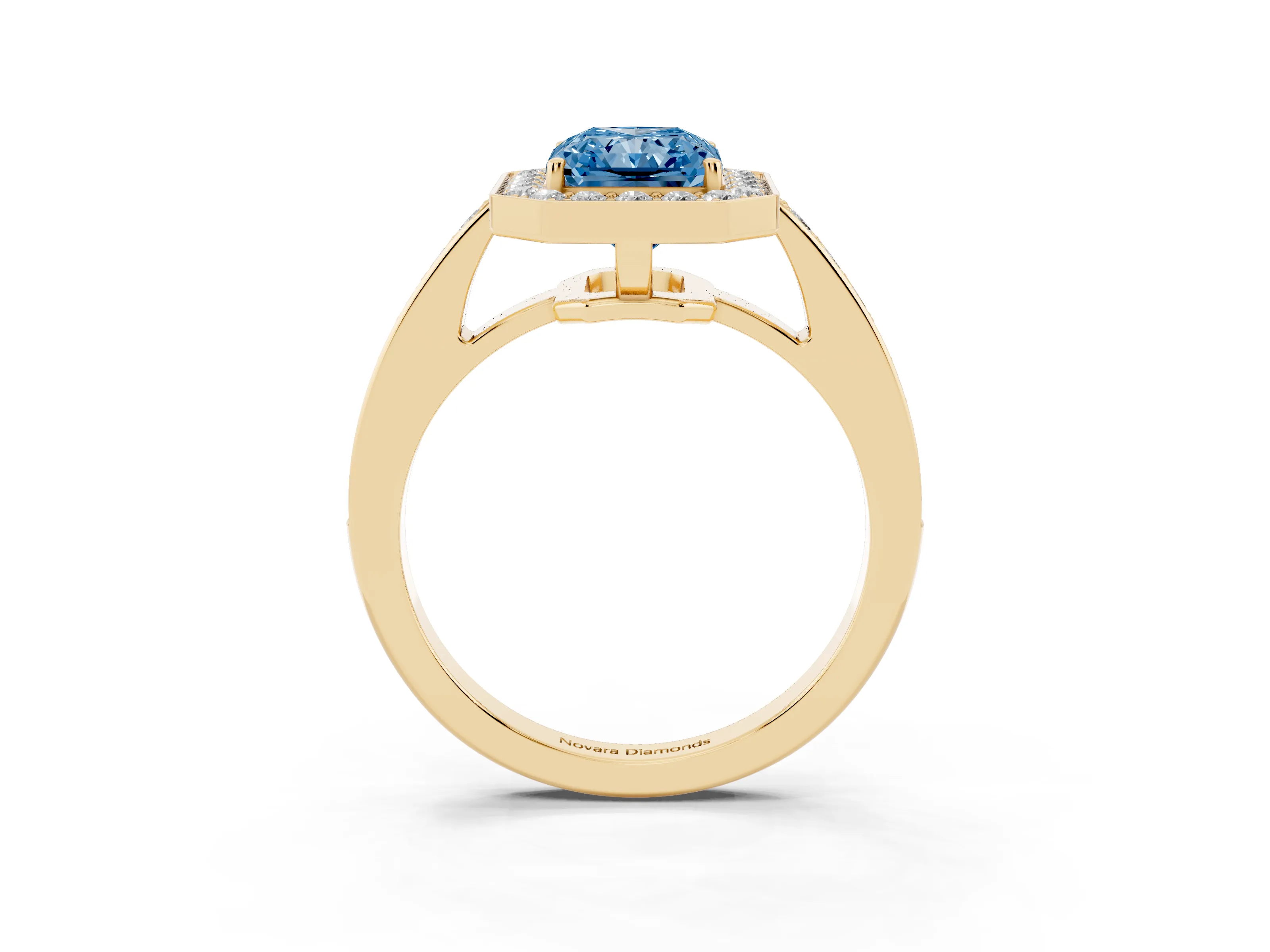 Fancy Blue Radiant Cut Diamond Halo Pavé Engagement Ring Set in Yellow gold with Bezel Setting