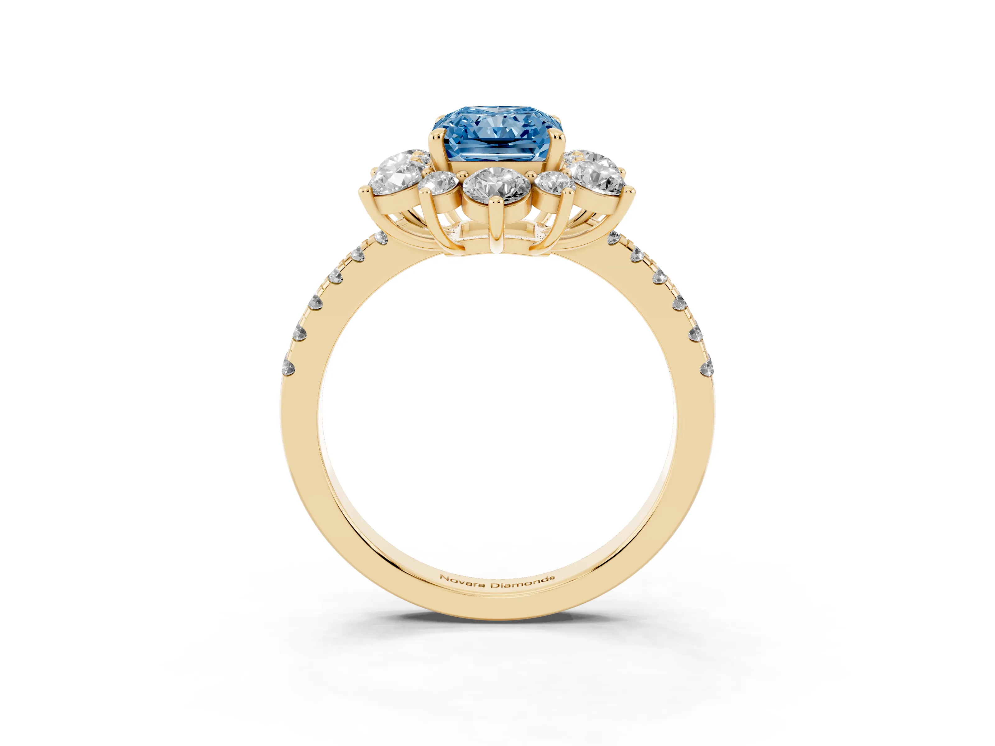 Fancy Blue Radiant Cut Diamond Floral Halo Ring Set in Yellow gold with Round Pavé Band and Prong Setting