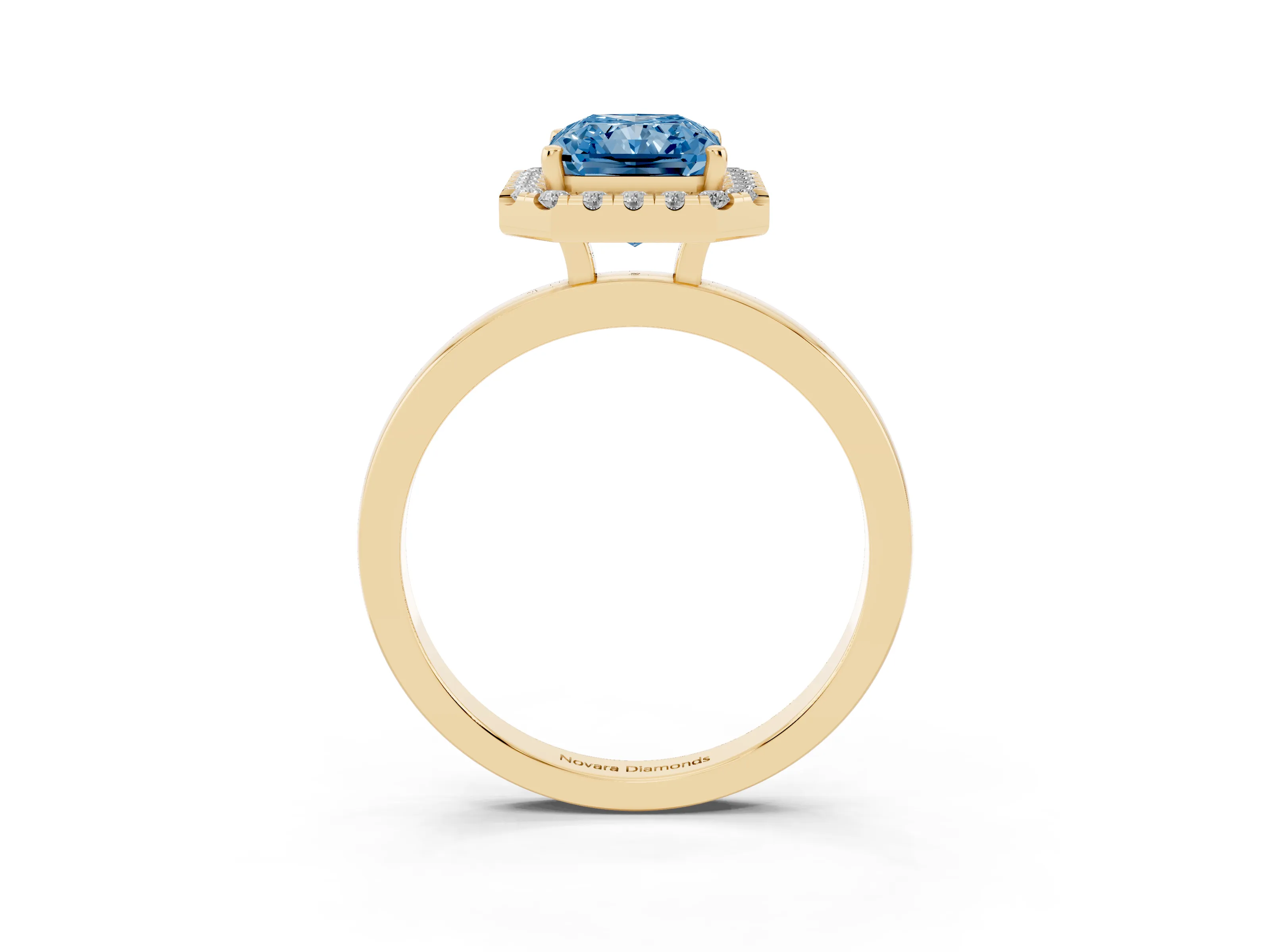Fancy Blue Radiant Cut Diamond Halo Solitaire Ring Set in Yellow gold with Pavé Band and Prong Setting