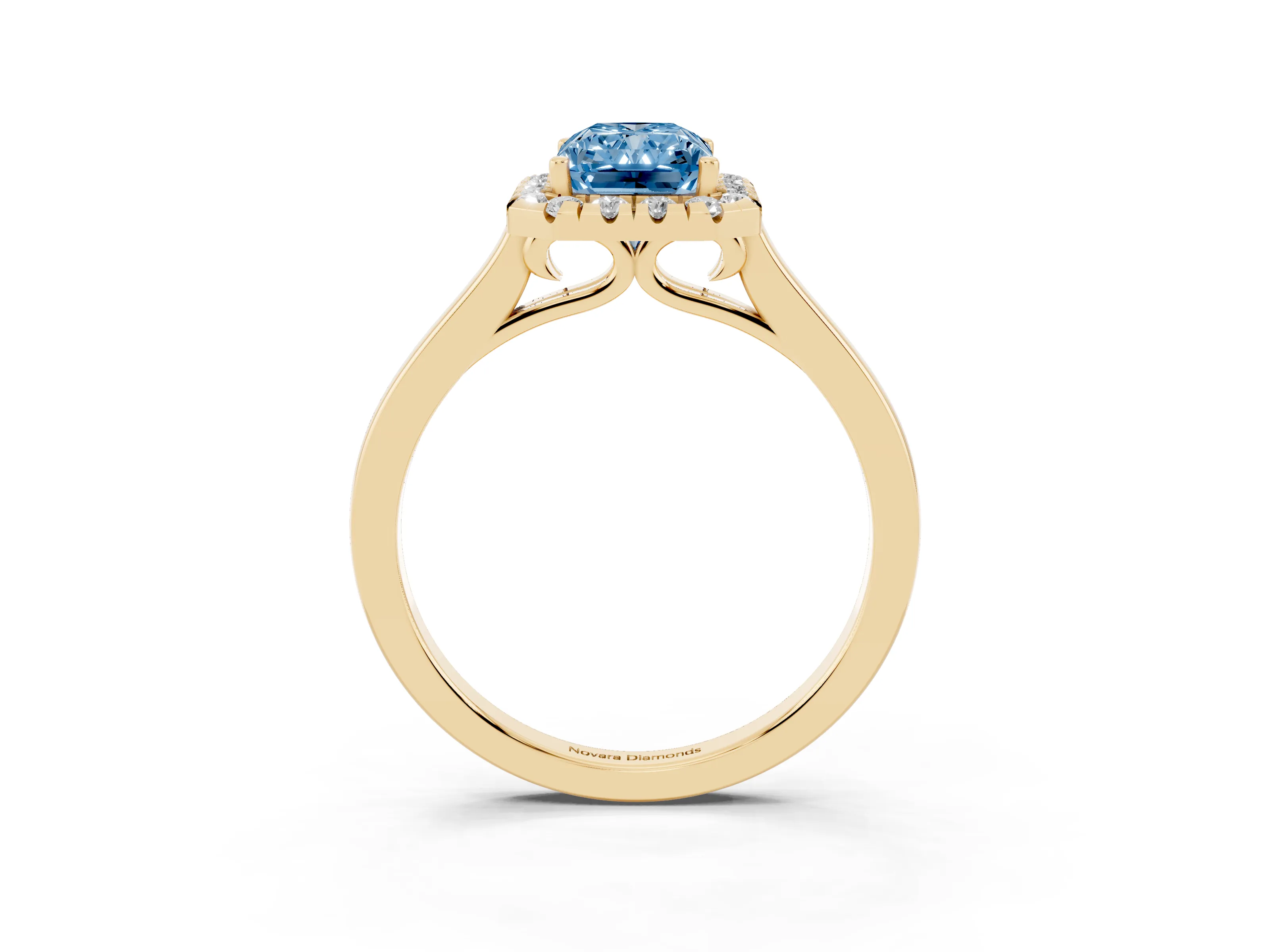 Fancy Blue Radiant Cut Halo Round Diamond Solitaire Ring Set in Yellow gold with Pavé Band and Prong Setting