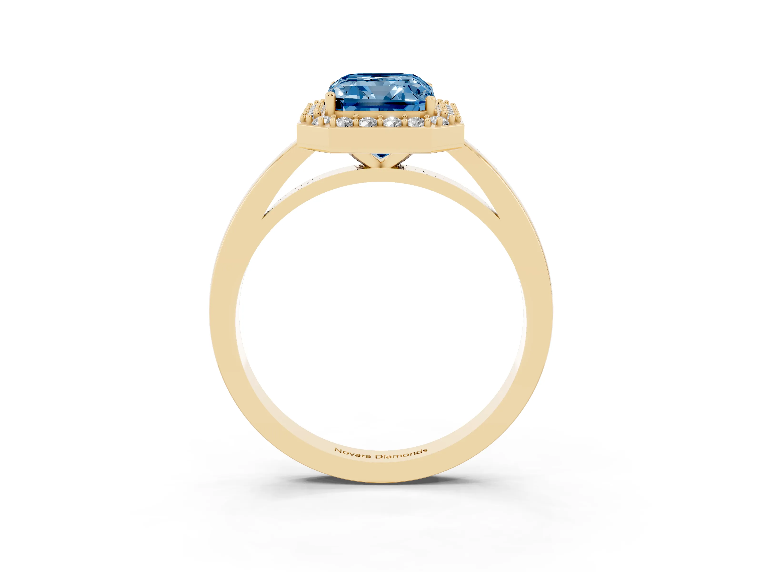 Fancy Blue Radiant Cut Diamond Halo Ring Set in Yellow gold with Solitaire Band and Prong Setting