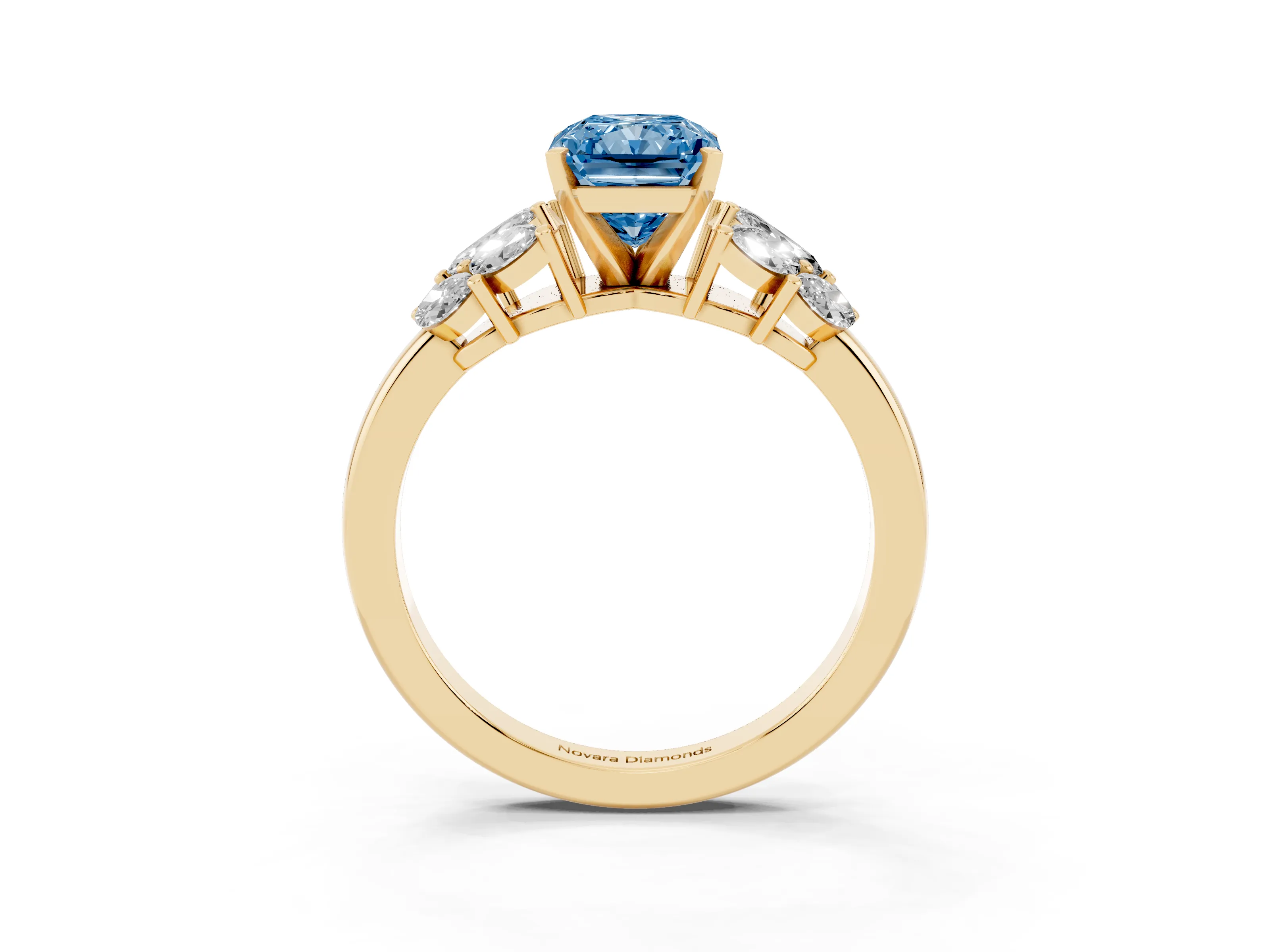 Fancy Blue Radiant Cut Diamond Cluster Leaf Design Ring Set in Yellow gold with Prong Setting