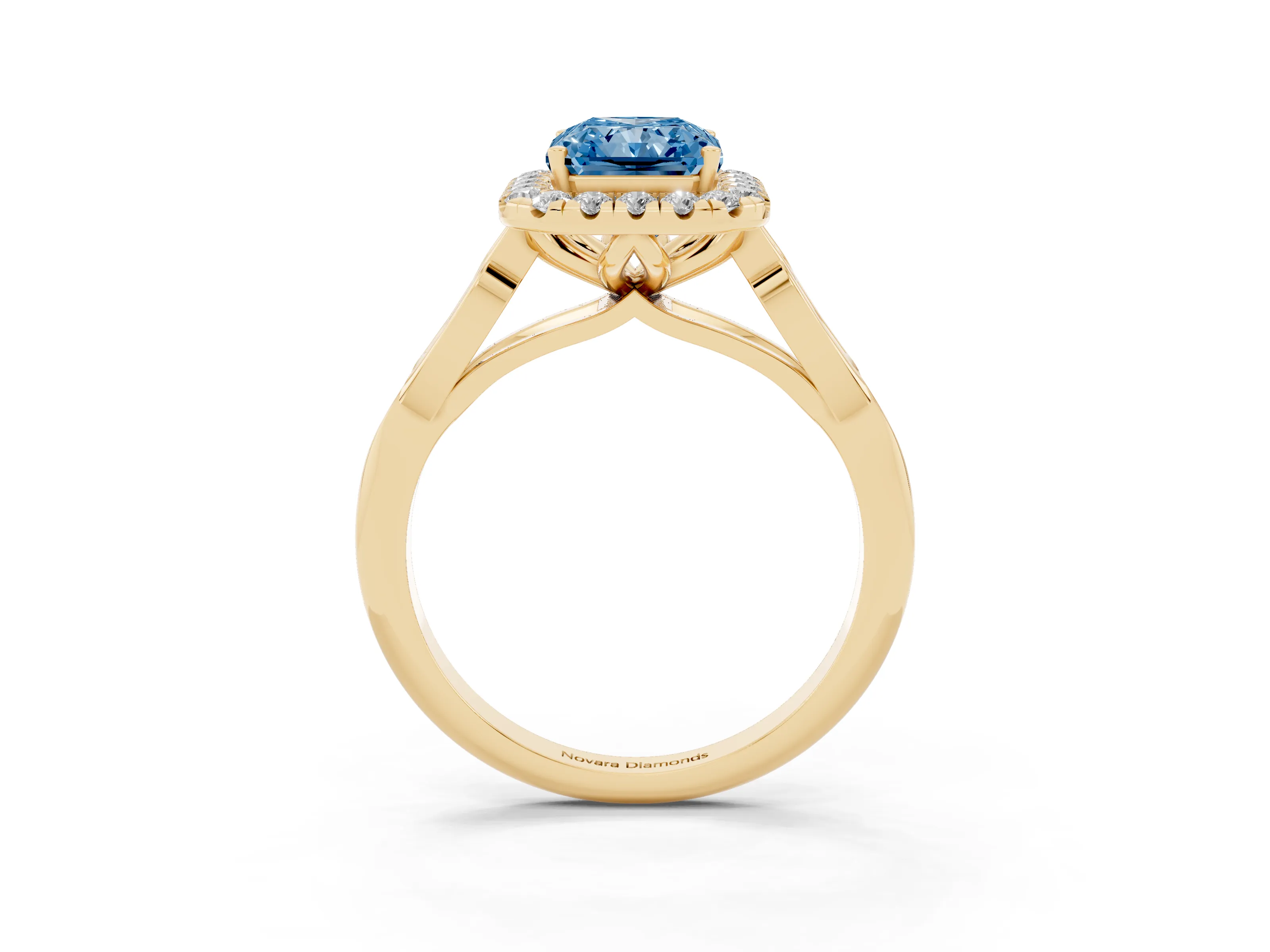 Fancy Blue Radiant Cut Diamond Halo Engagement Ring Set in Yellow gold with Filigree Band and Prong-Set Center