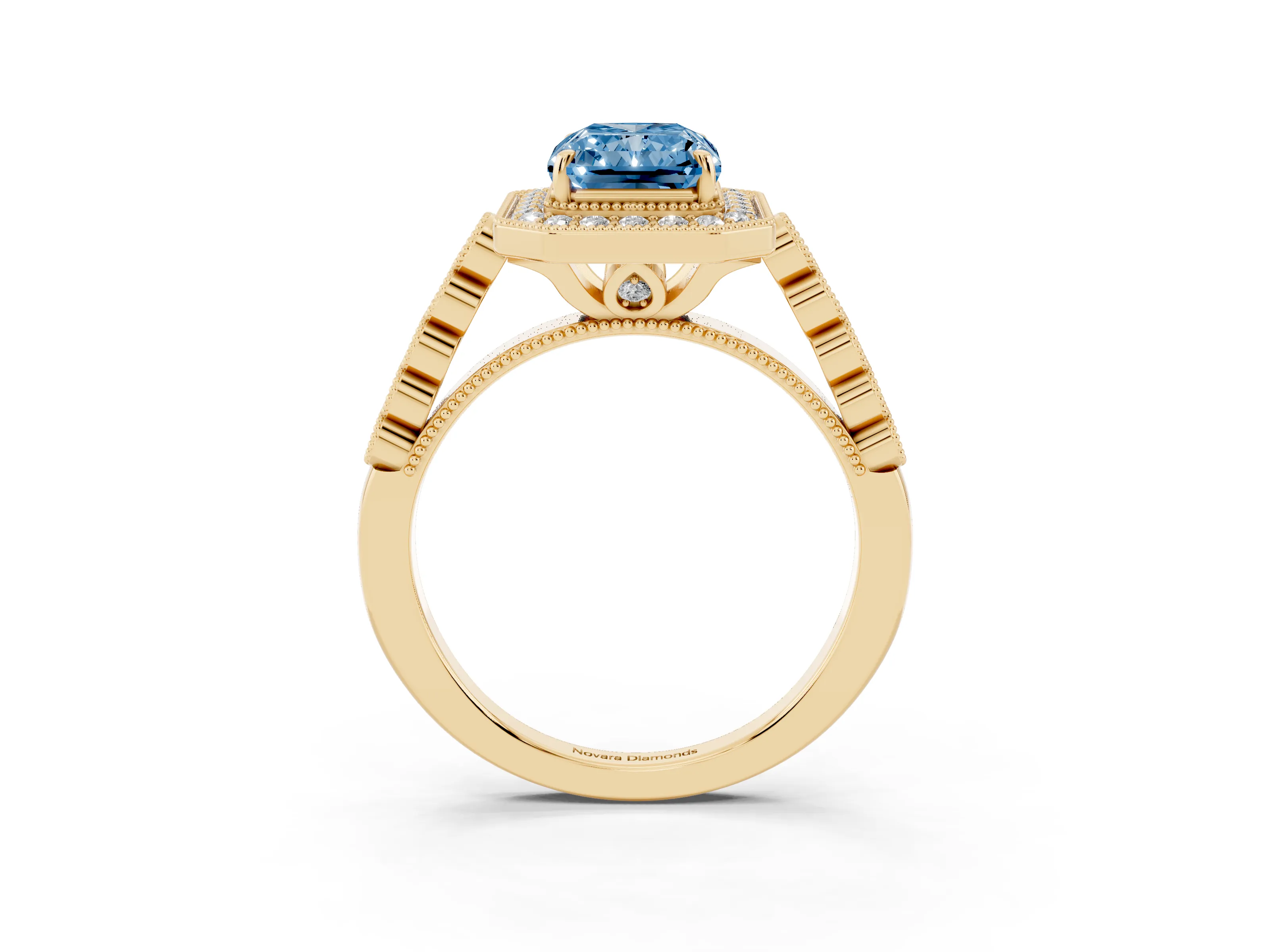 Fancy Blue Radiant Cut Diamond Milgrain Halo Solitaire Ring Set in Yellow gold with Bezel Set Side Stones and Pavé Band