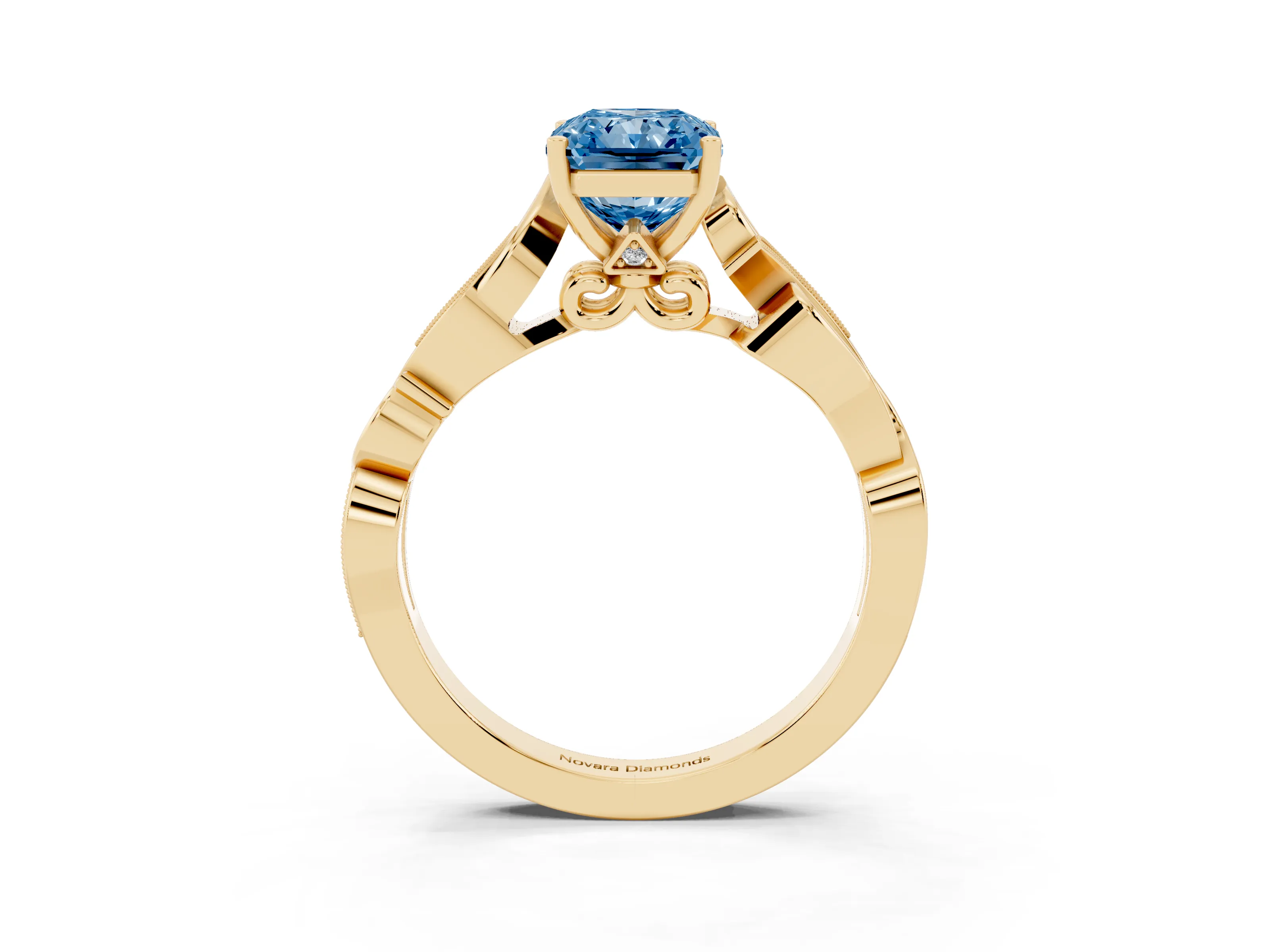 Fancy Blue Radiant Cut Diamond Vine Band Solitaire Ring Set in Yellow gold with Milgrain Prong Setting