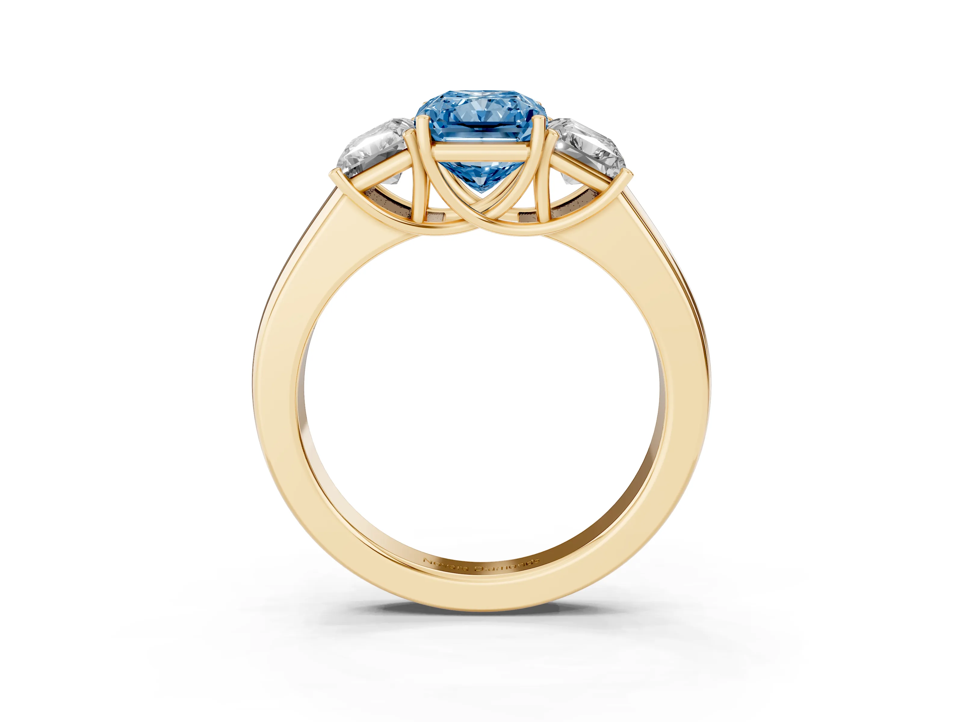 Fancy Blue Three-Stone Radiant Cut Diamond Ring Set in Yellow gold with Matching Prong Settings and Plain Band
