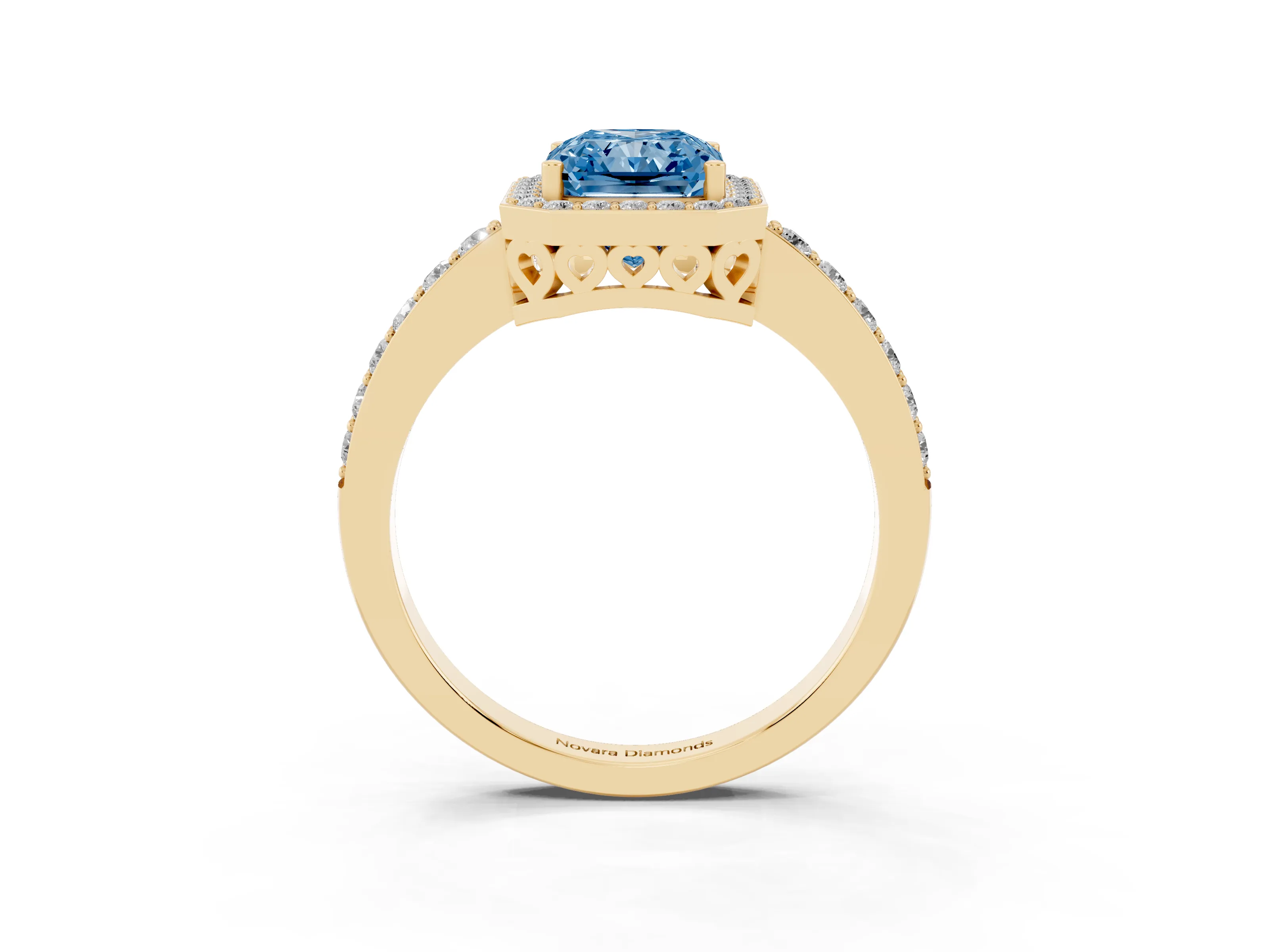 Fancy Blue Radiant Cut Diamond Halo Ring Set in Yellow gold with Pavé-Setting Band and Open Prong Center