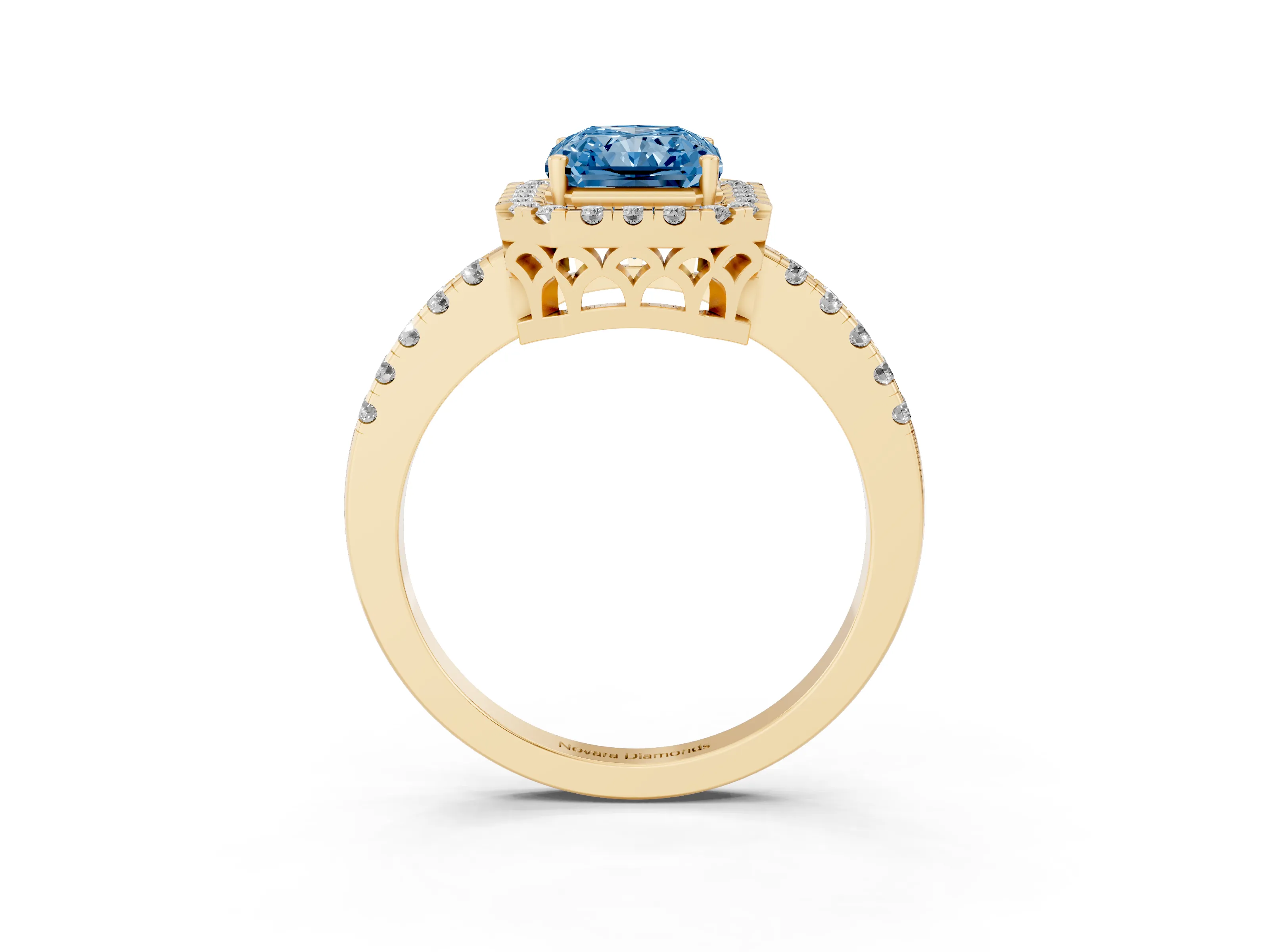 Fancy Blue Radiant Cut Diamond Pavé Band Halo Engagement Ring Set in Yellow gold with Prong Setting