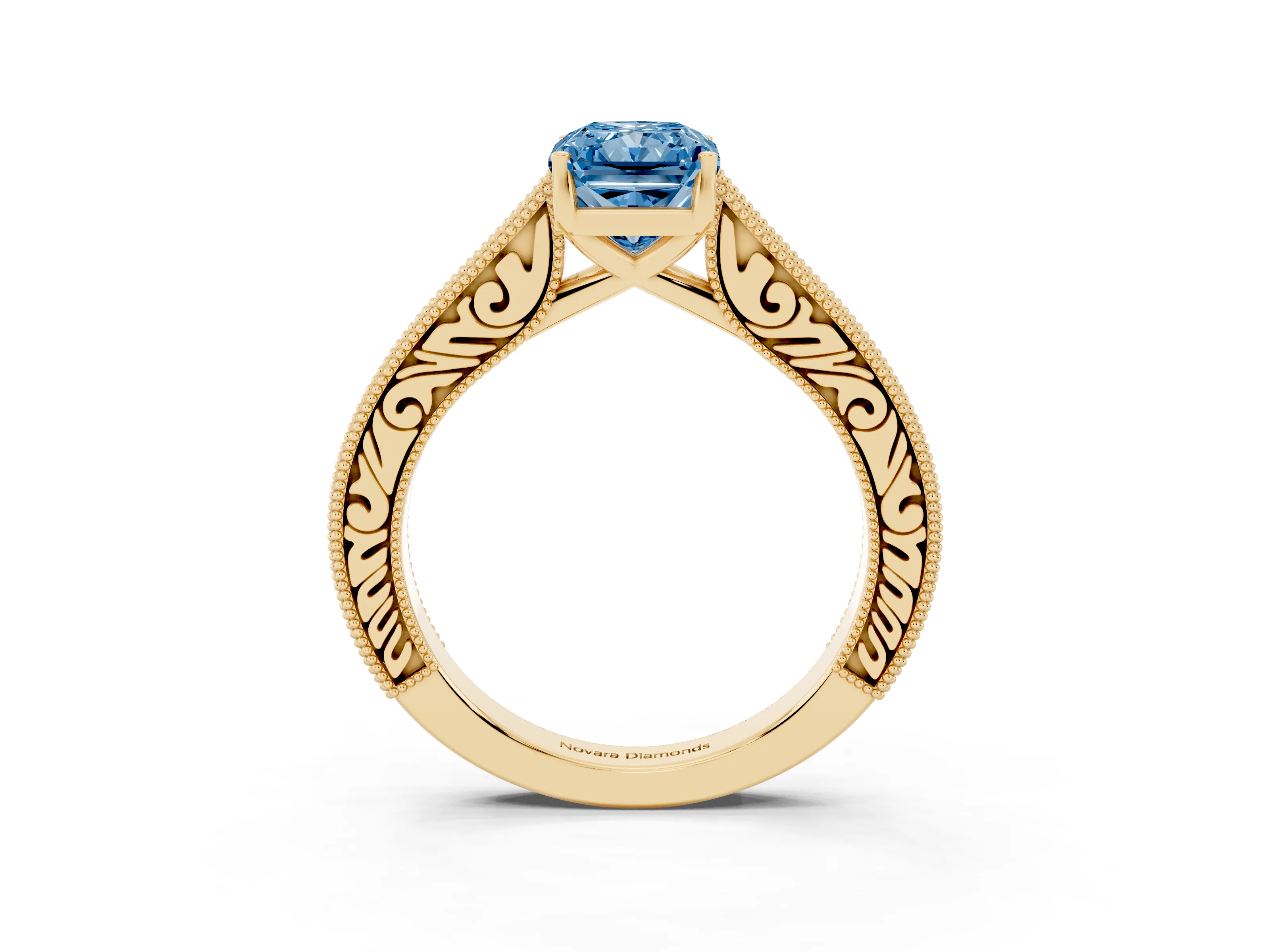 Fancy Blue Radiant Cut Diamond Milgrain Pavé Band Solitaire Ring Set in Yellow gold with Prong Setting