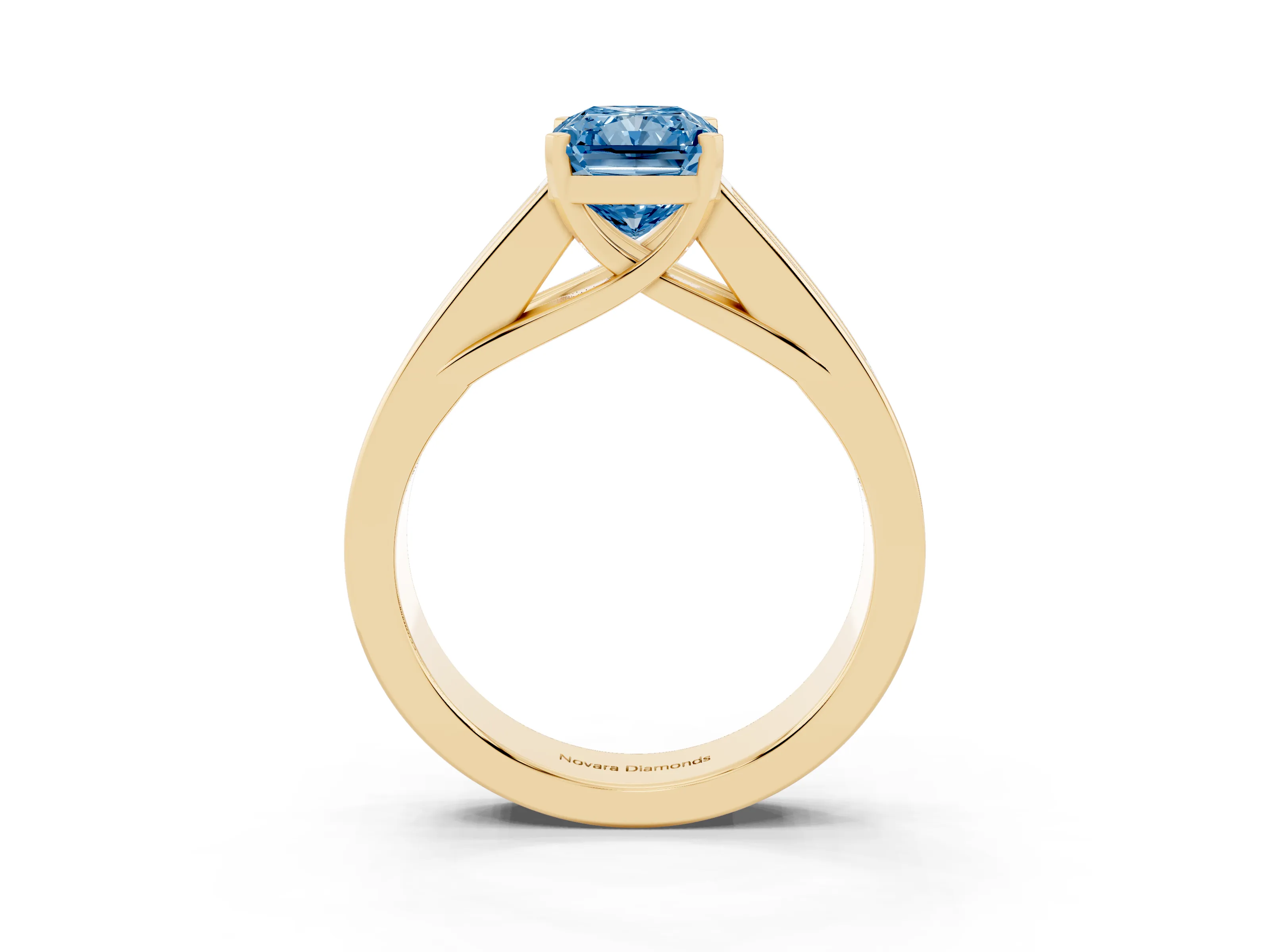 Fancy Blue Radiant Cut Diamond Solitaire Ring Set in Yellow gold with Channel-Set Accent Stones and Prong Setting