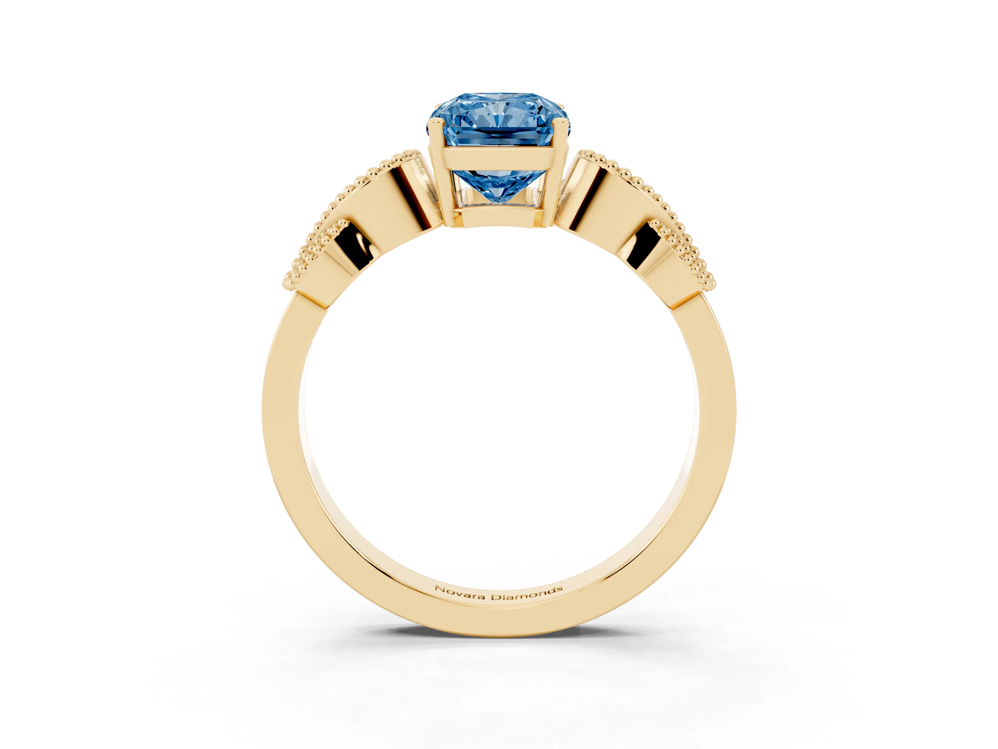 Fancy Blue Radiant Cut Diamond Milgrain Leaf Band Solitaire Ring Set in Yellow gold with Accent Stones and Prong Setting