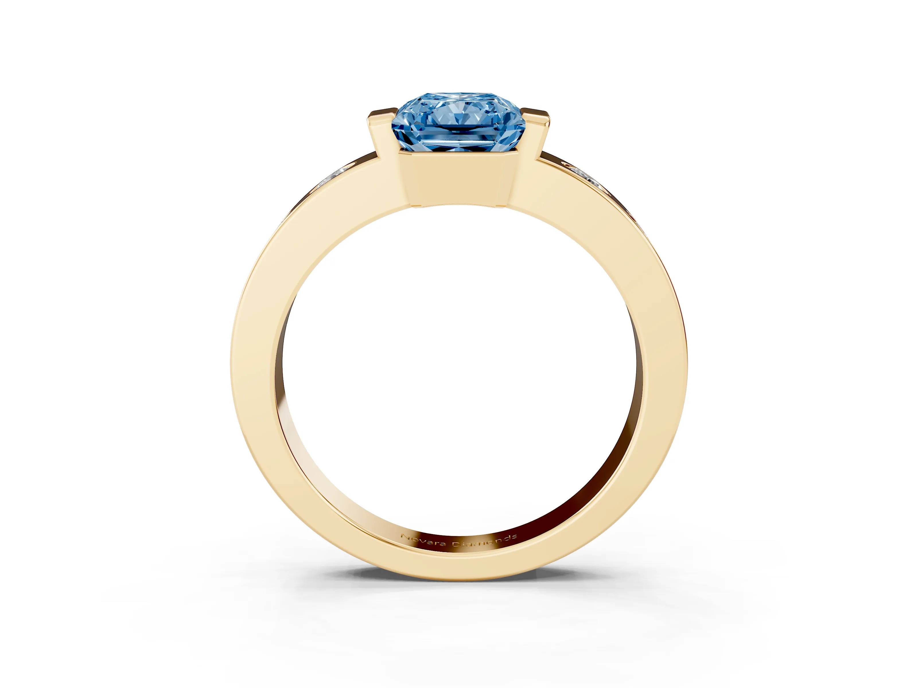 Fancy Blue Radiant Cut Diamond Channel-Set Band Ring Set in Yellow gold with Bezel Prong Setting