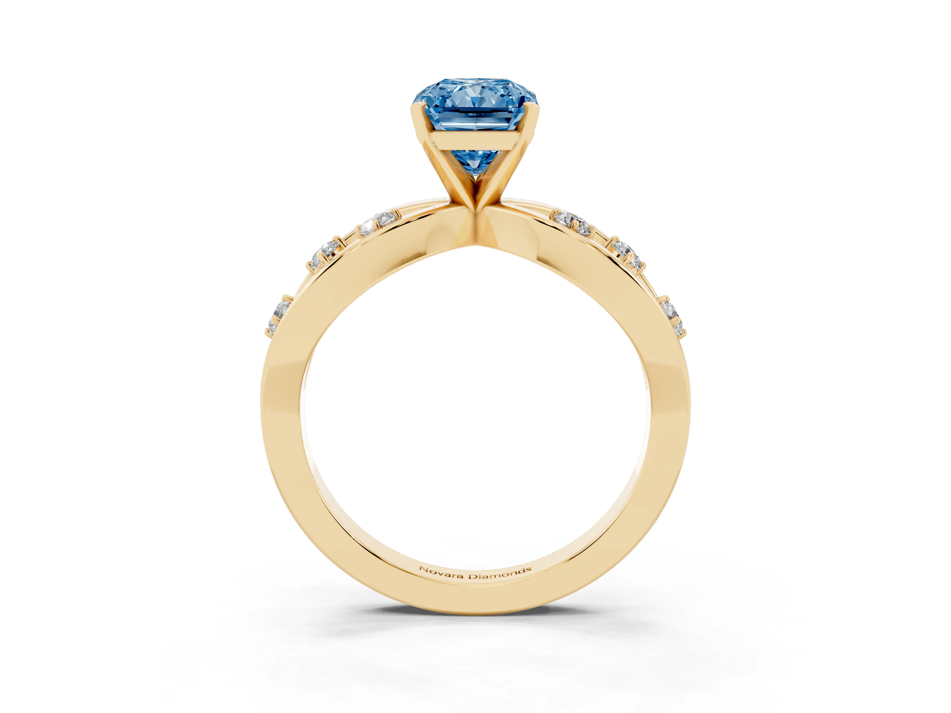 Fancy Blue Radiant Cut Diamond Solitaire Ring Set in Yellow gold with Side Stones on Criss-Cross Band and Prong Setting