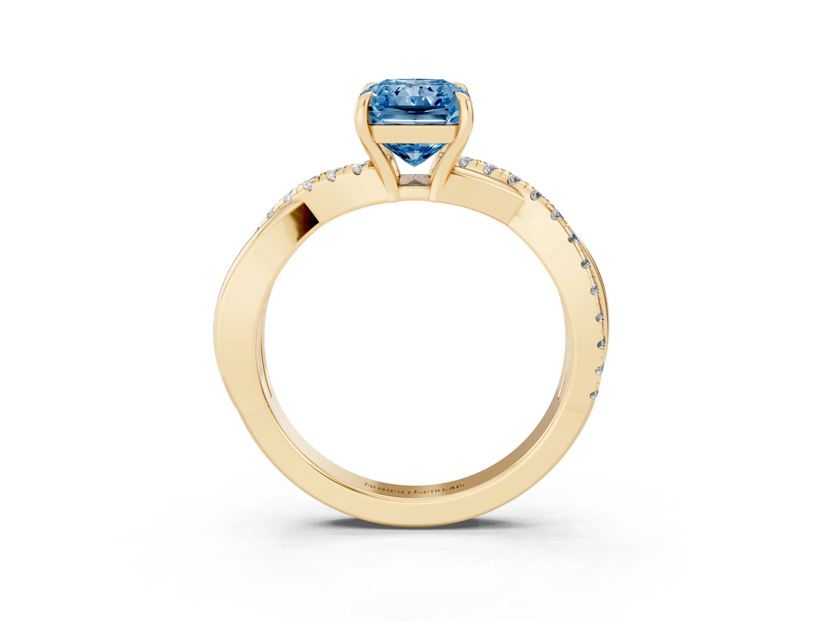 Fancy Blue Radiant Cut Diamond Twisted Pavé Band Ring Set in Yellow gold with Prong Setting