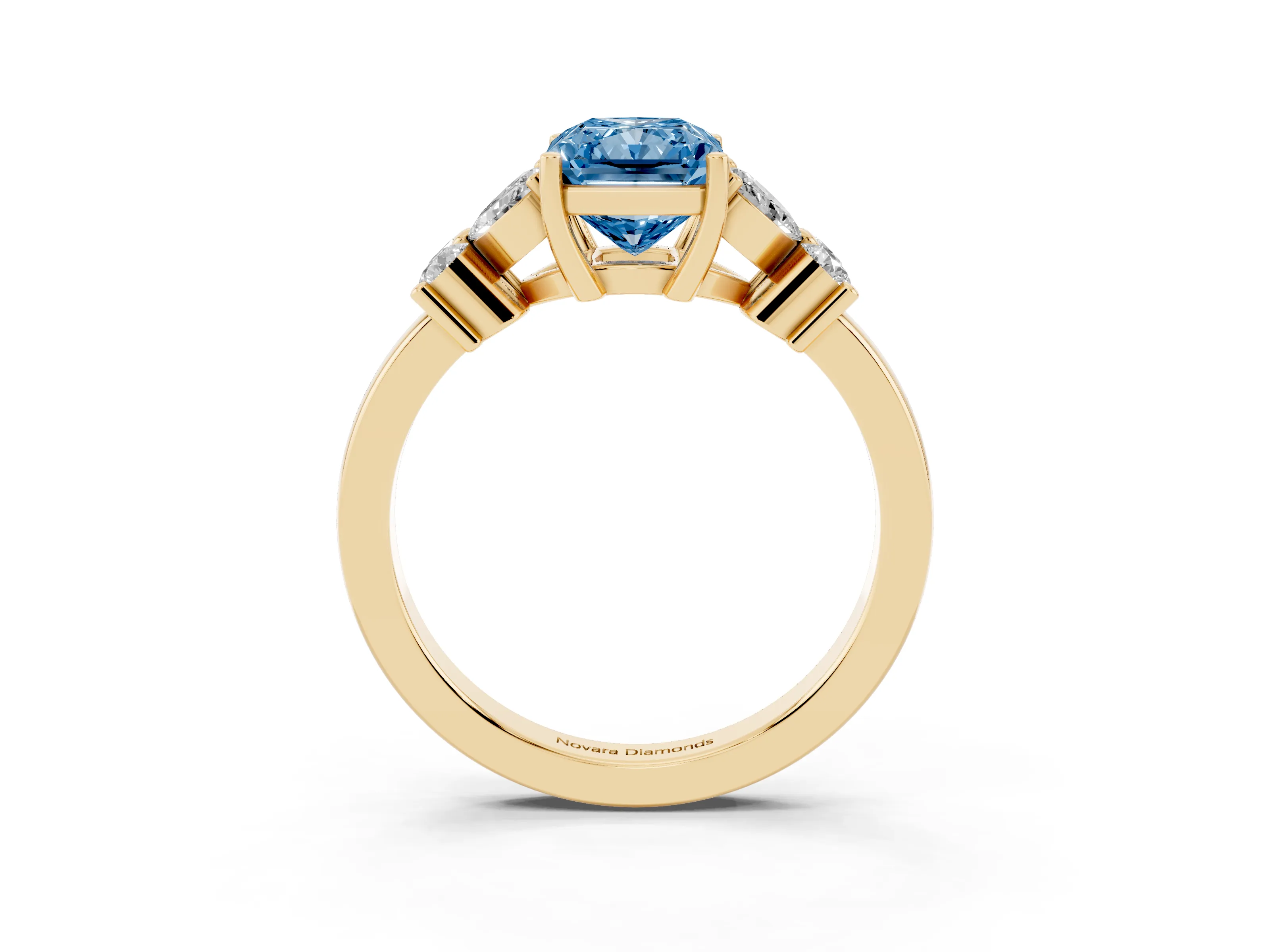 Fancy Blue Radiant Cut Diamond Floral Cluster Ring Set in Yellow gold with Marquise Petals and Prong Setting