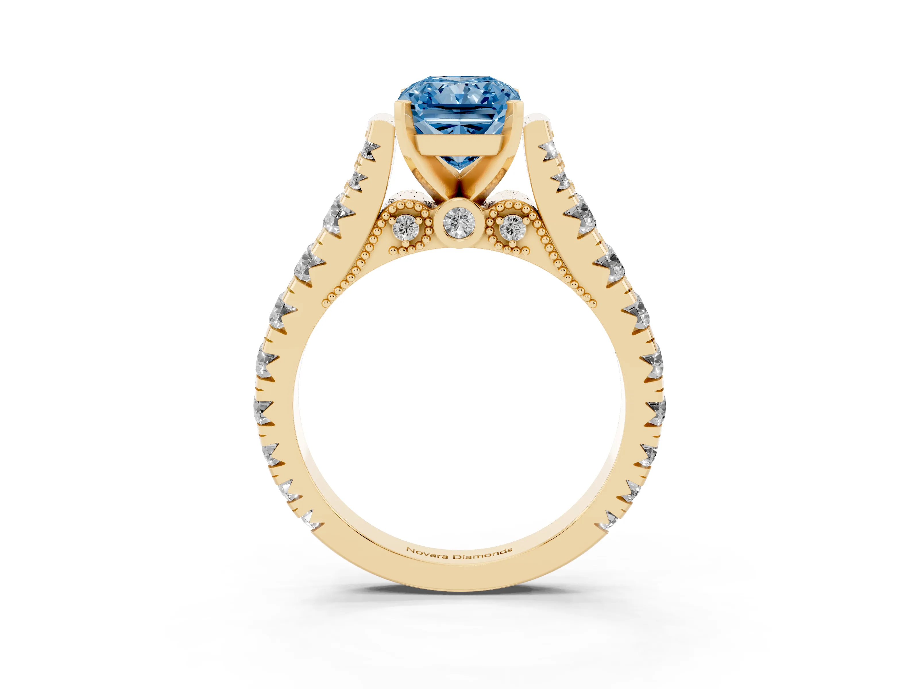 Fancy Blue Radiant Cut Diamond Classic Solitaire Ring Set in Yellow gold with Pavé Band and Prong Setting