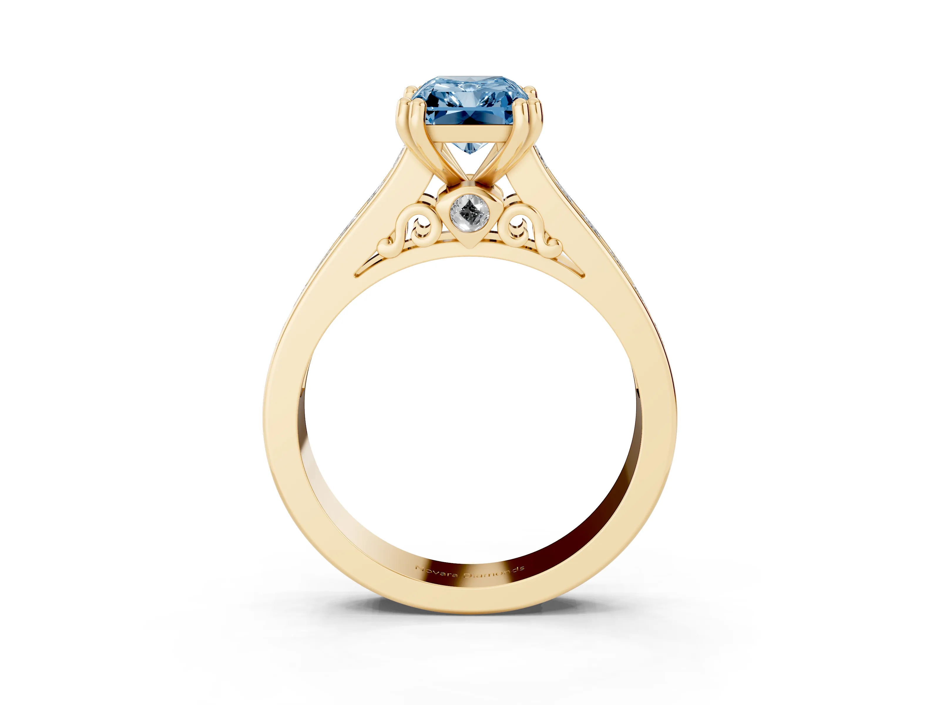 Fancy Blue Radiant Cut Diamond Channel Set Solitaire Engagement Ring Set in Yellow gold with Prong Setting