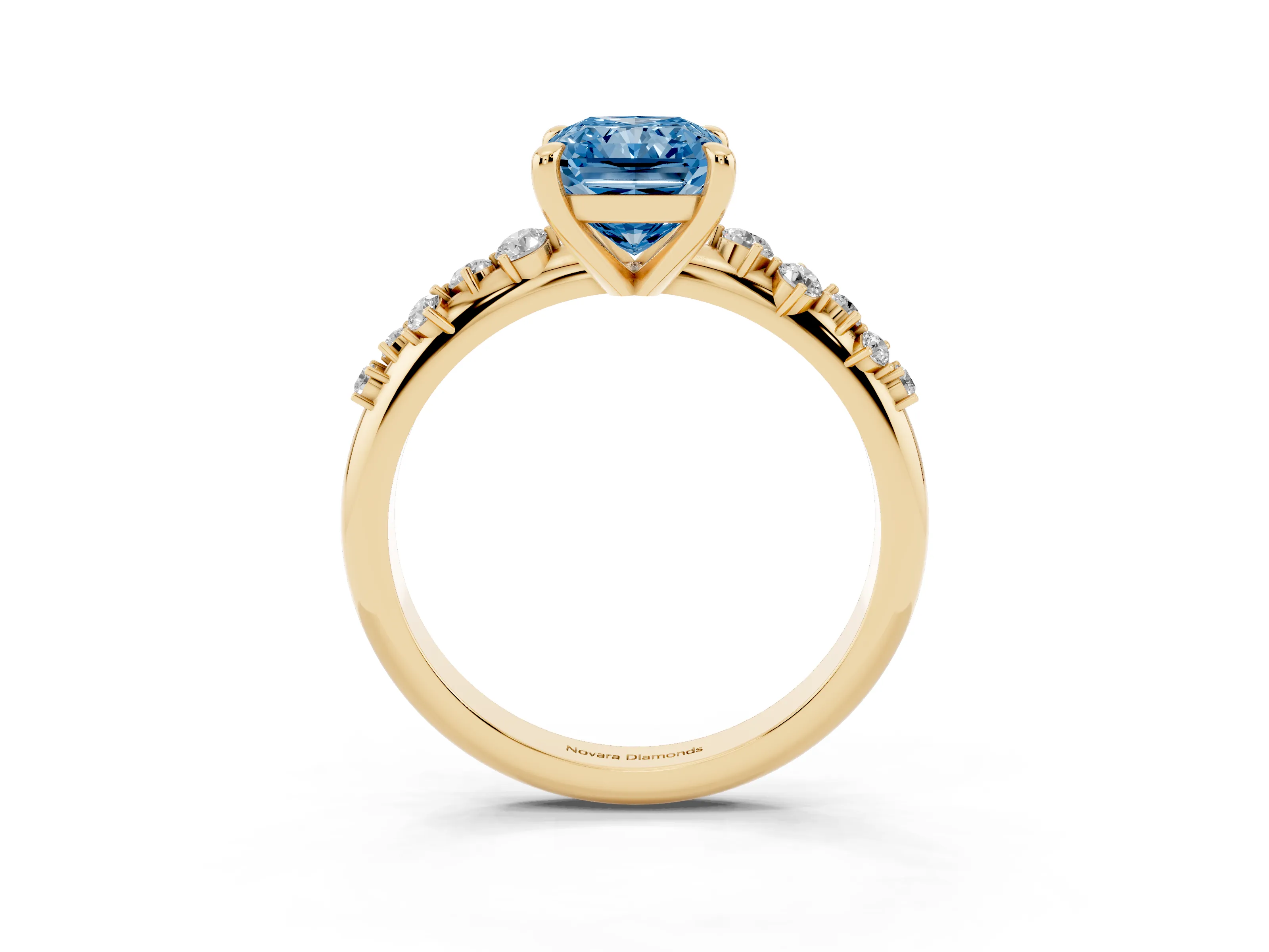 Fancy Blue Radiant Cut Diamond Solitaire Vine Band Ring Set in Yellow gold with Round Accents and Prong Setting