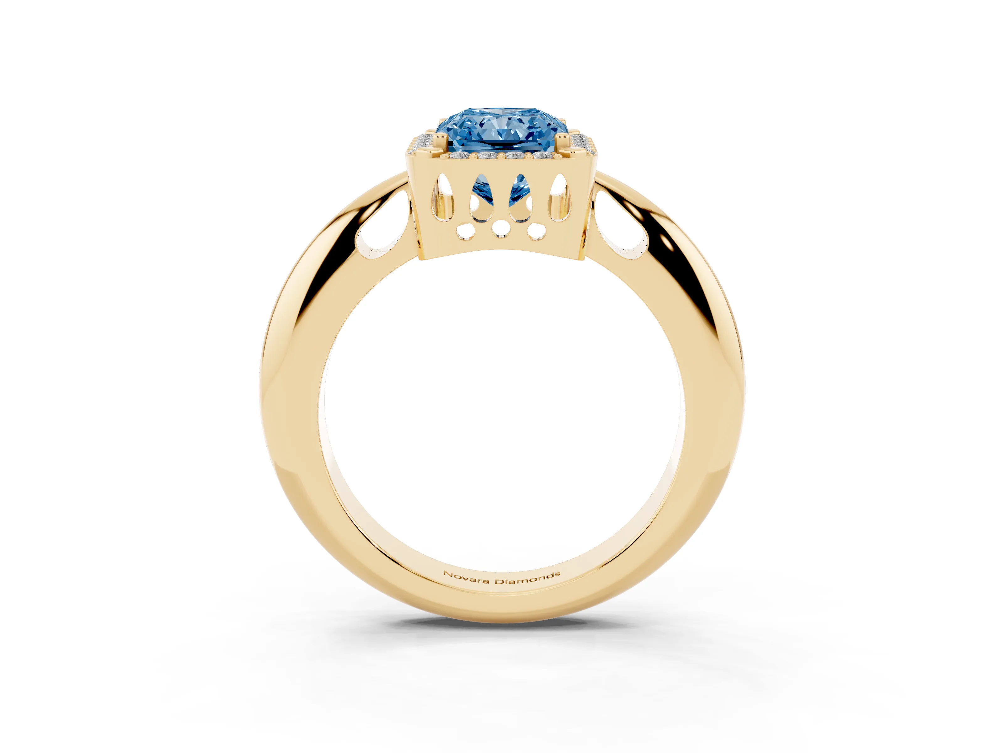 Fancy Blue Radiant Cut Diamond Halo Engagement Ring Set in Yellow gold with Plain Split Shank and Prong Setting