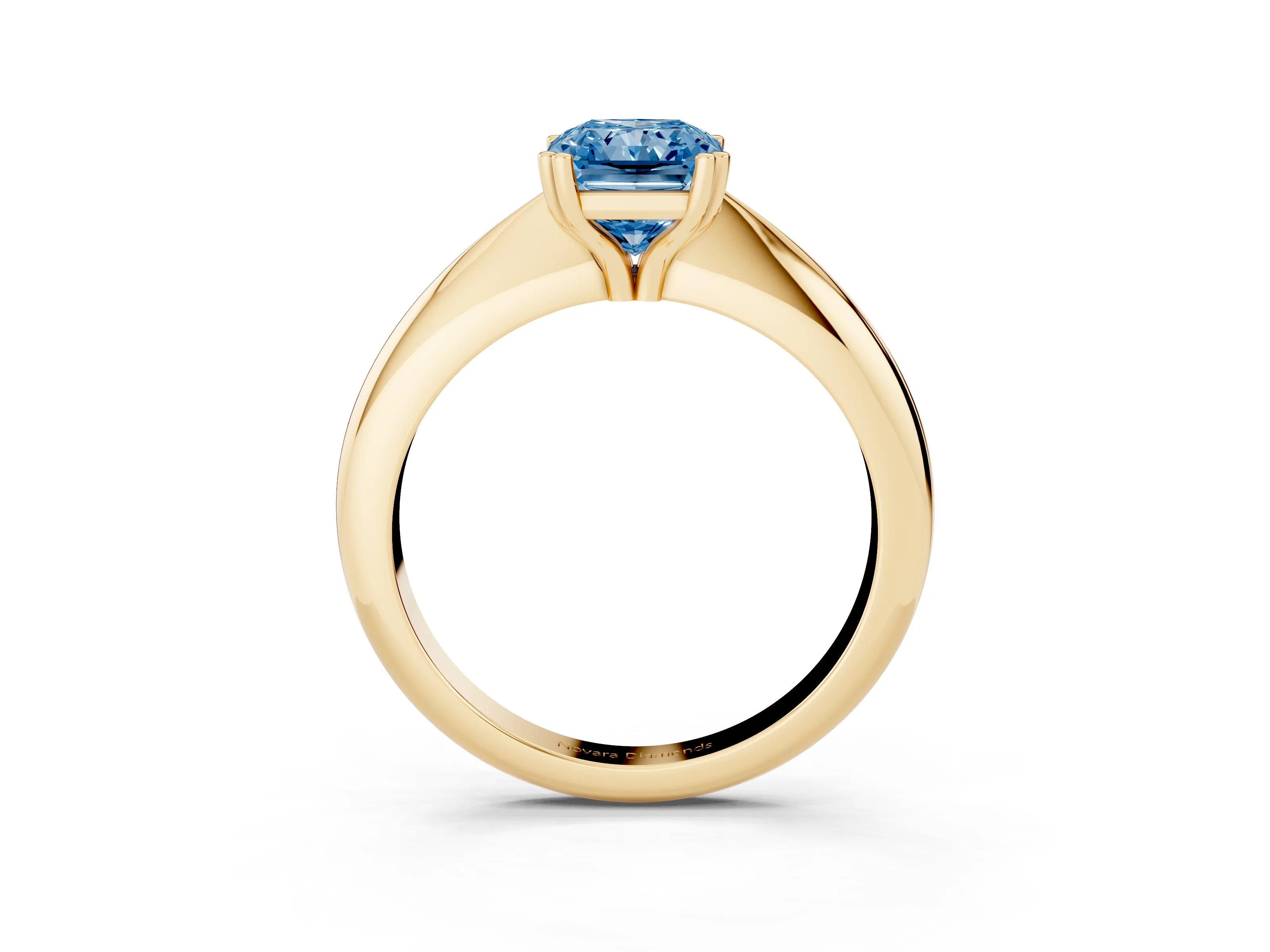 Fancy Blue Radiant Cut Diamond Solitaire Engagement Ring Set in Yellow gold with Tapered Band and Prong Setting