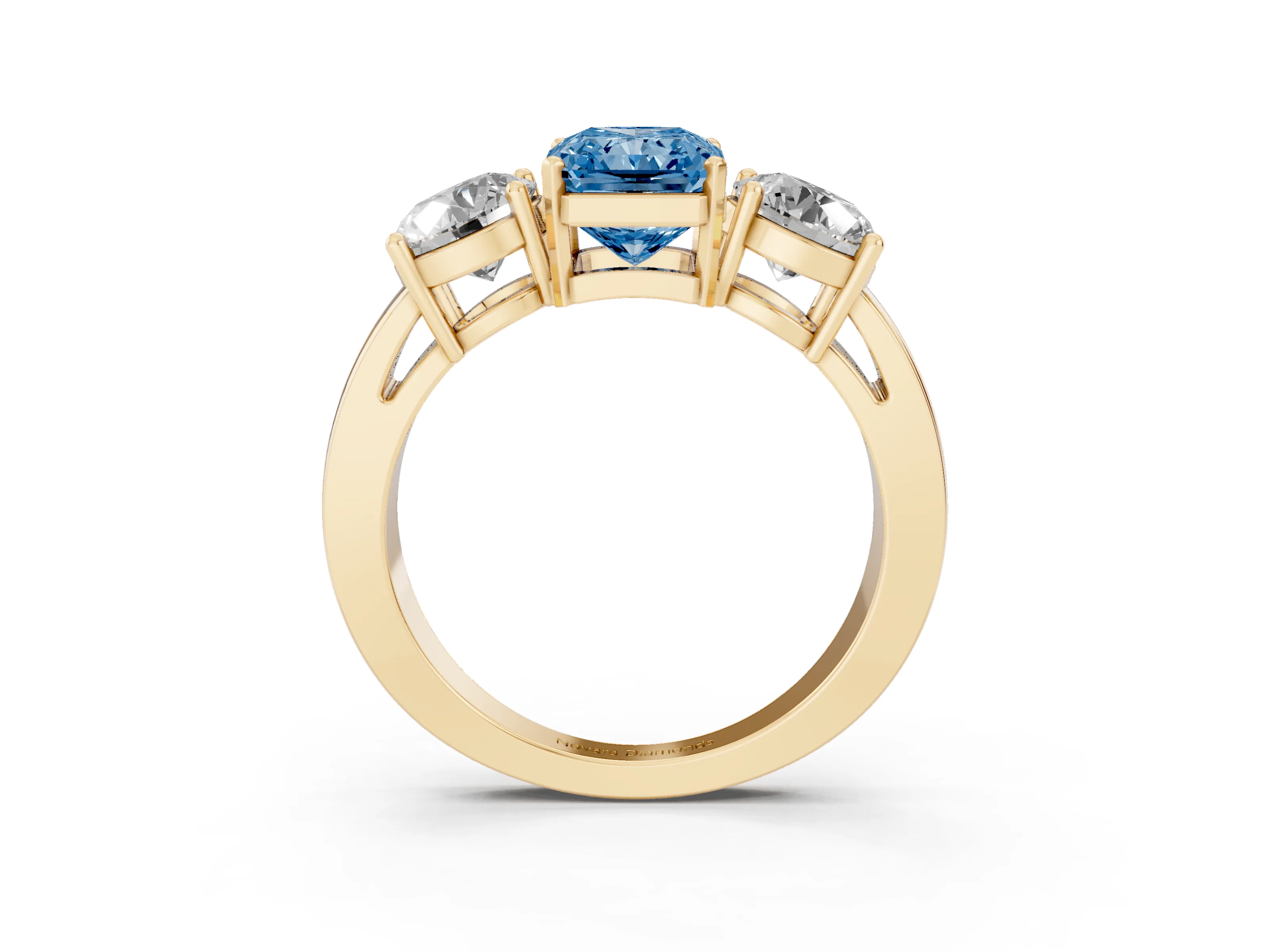 Fancy Blue Radiant Cut Diamond Three-Stone Ring Set in Yellow gold with Round Side Stones and Classic Band