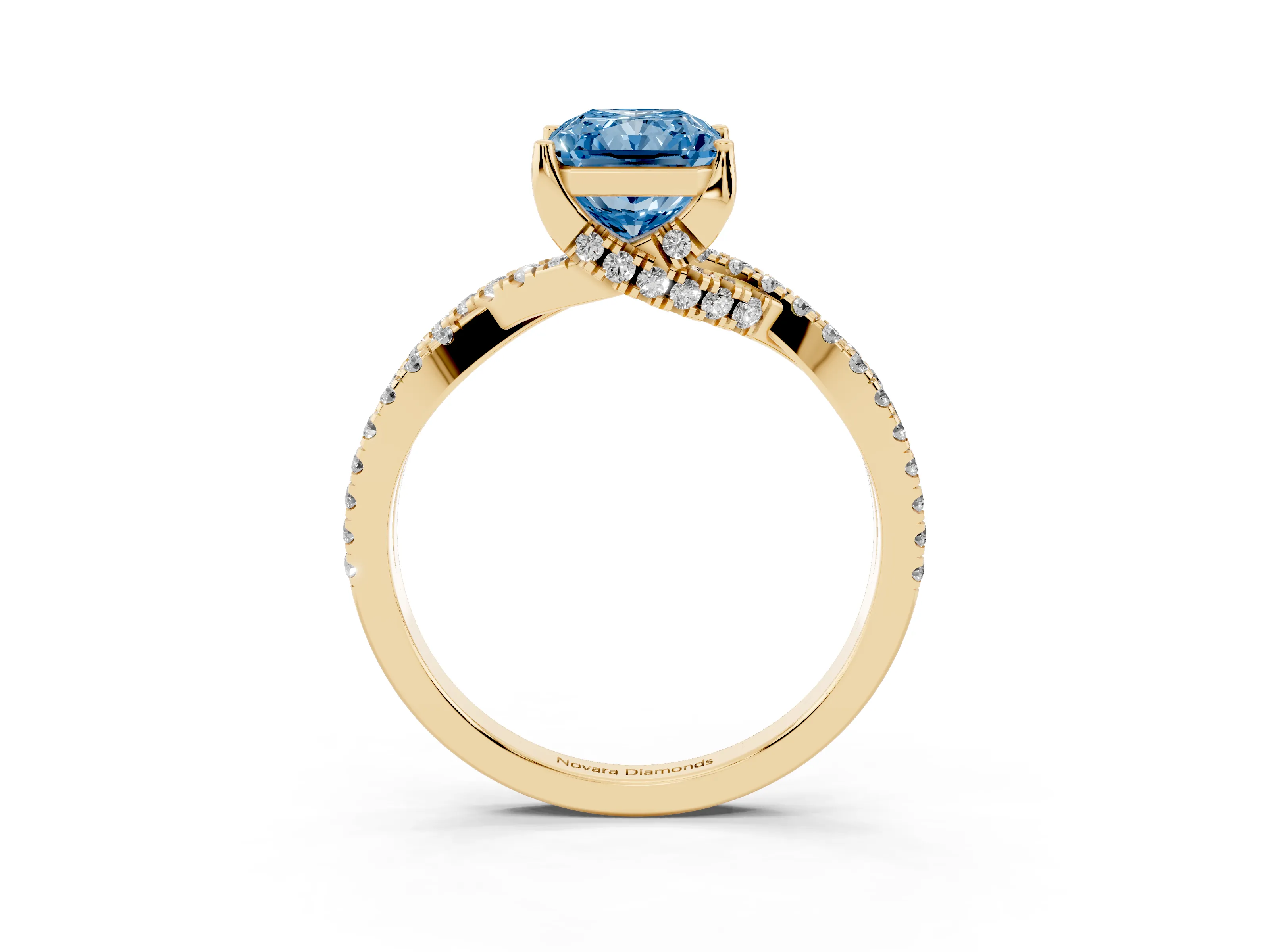 Fancy Blue Radiant Cut Diamond Twist Pavé Solitaire Engagement Ring Set in Yellow gold with Prong Setting