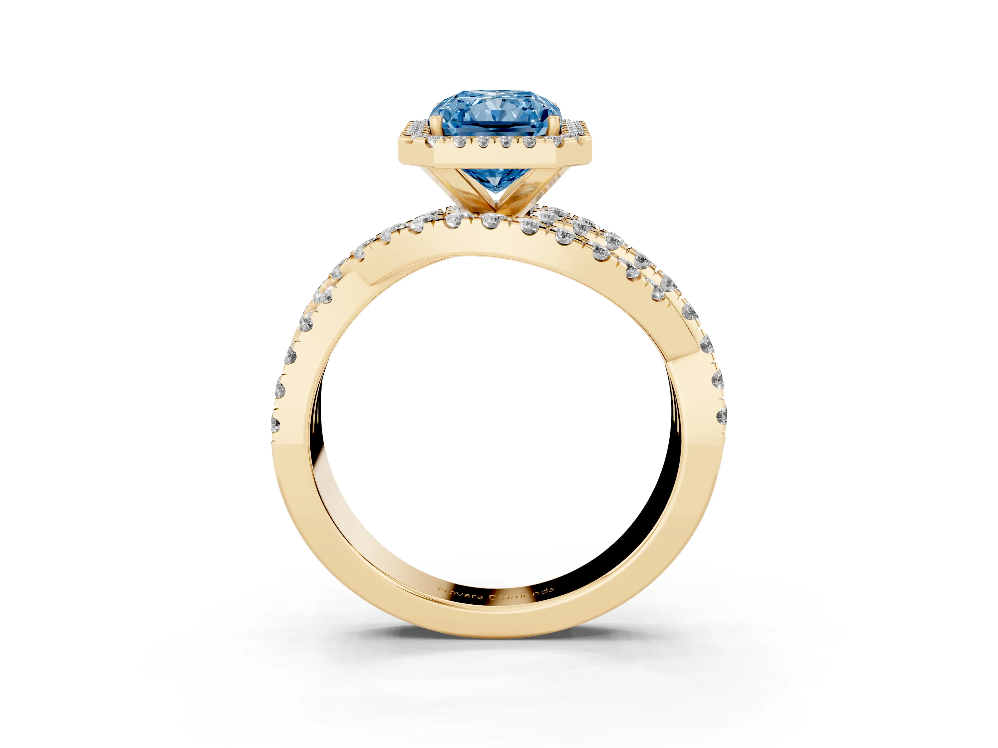 Fancy Blue Radiant Cut Diamond Halo Ring Set in Yellow gold with Round Crossover Split Shank and Prong Setting