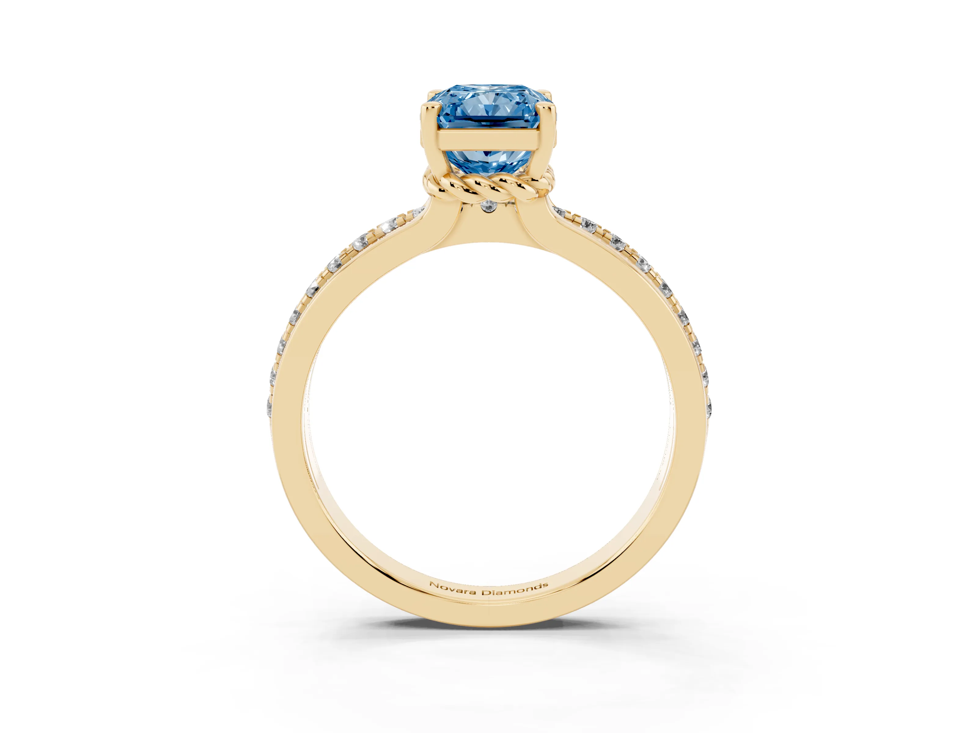 Fancy Blue Radiant Cut Diamond Solitaire Ring Set in Yellow gold with Channel Set Band and Prong Setting