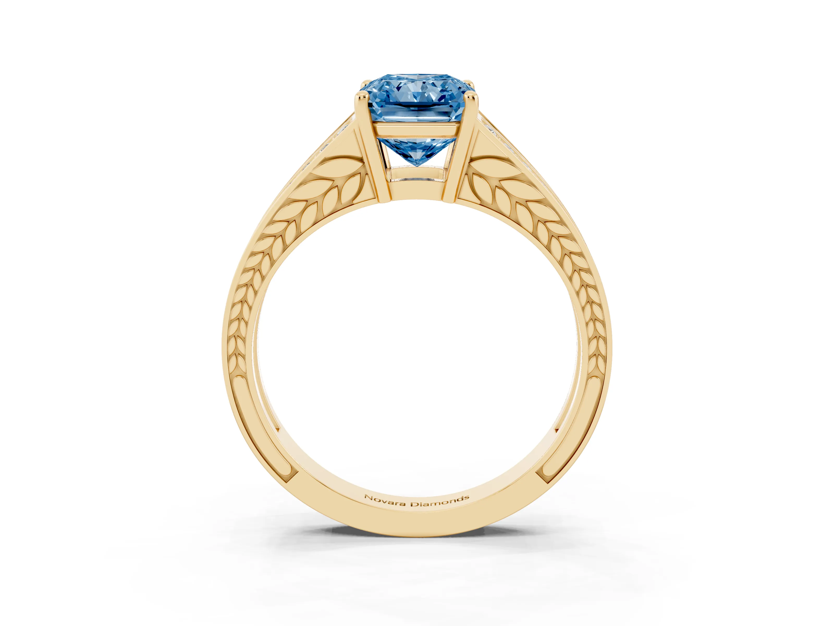 Fancy Blue Radiant Cut Diamond Split Shank Ring Set in Yellow gold with Pavé Band and Prong Setting