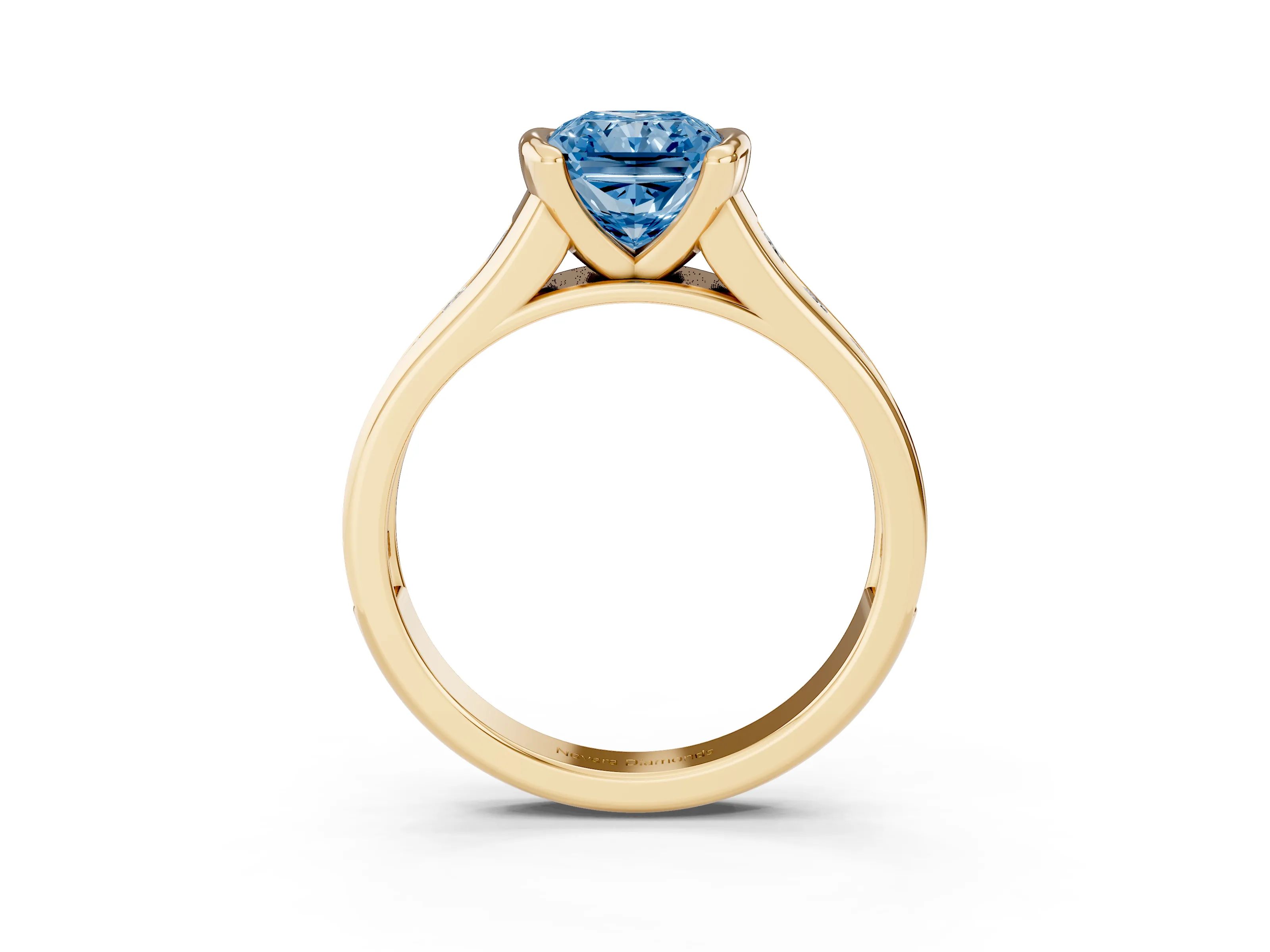 Fancy Blue Radiant Cut Diamond Bezel-Set Solitaire Ring Set in Yellow gold with Channel-Set Band