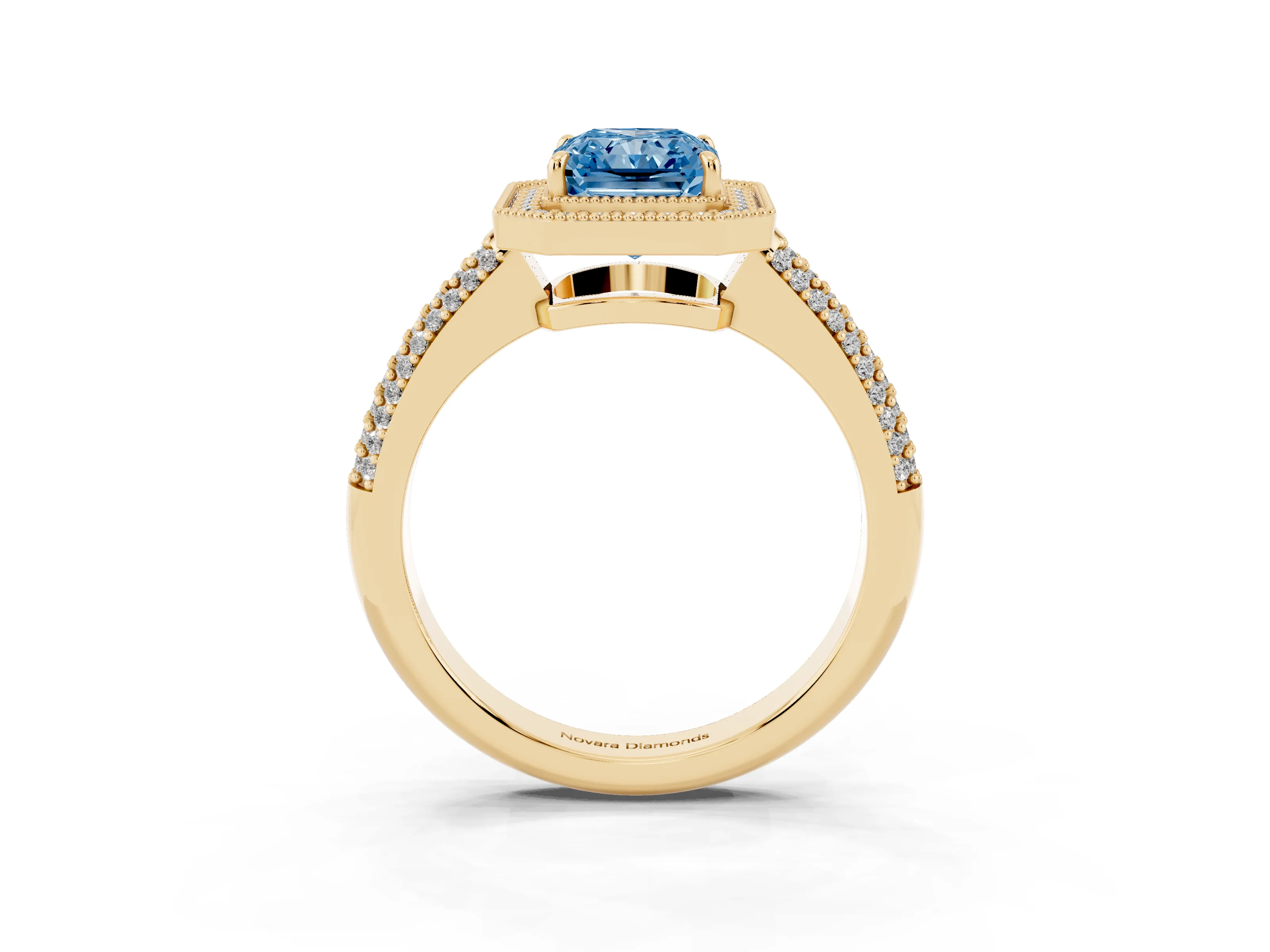 Fancy Blue Radiant Cut Diamond Halo Pavé Band Set in Yellow gold with Prong Setting