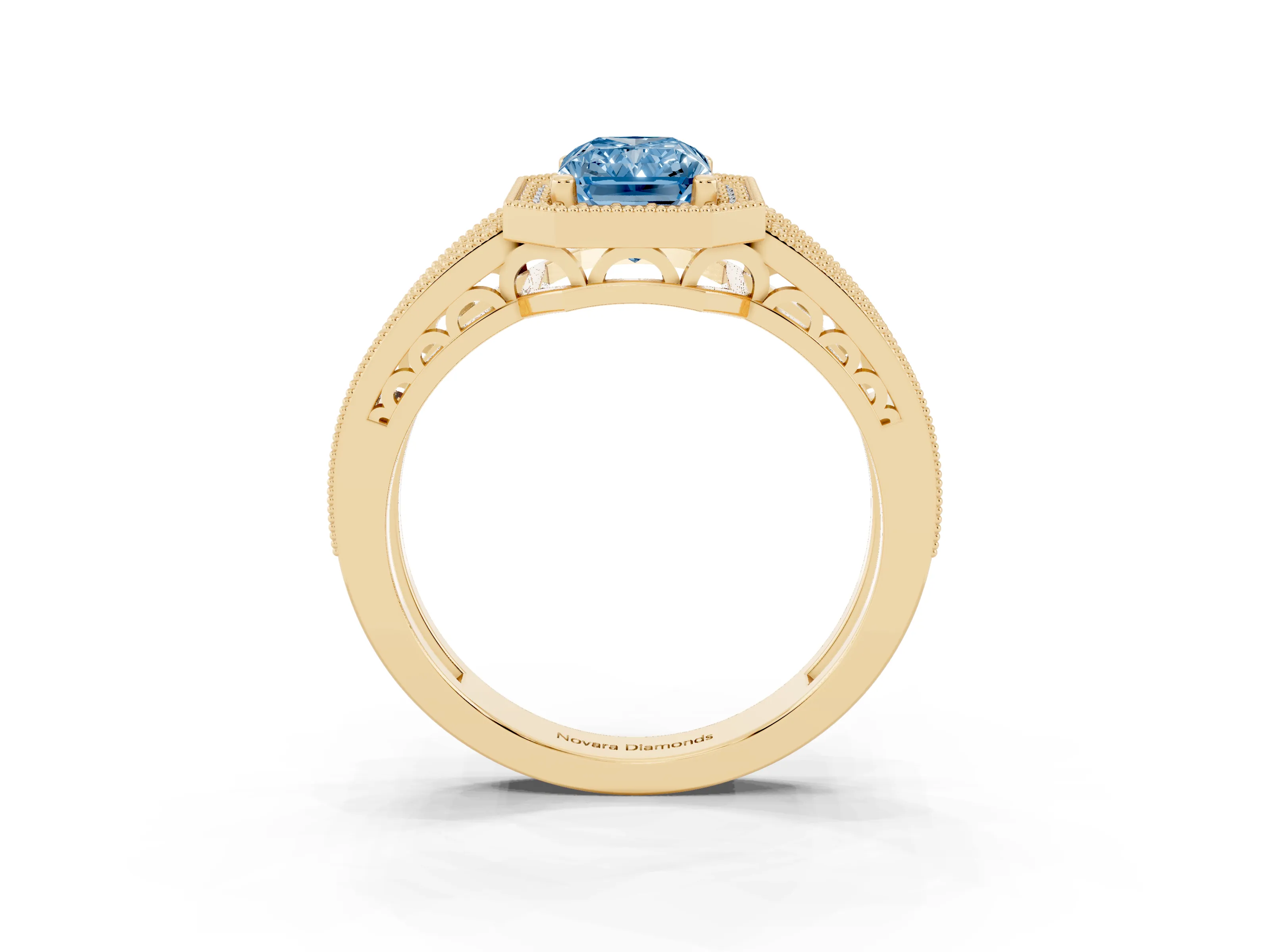 Fancy Blue Radiant Cut Diamond Halo Ring Set in Yellow gold with Accent Split Shank and Prong Setting