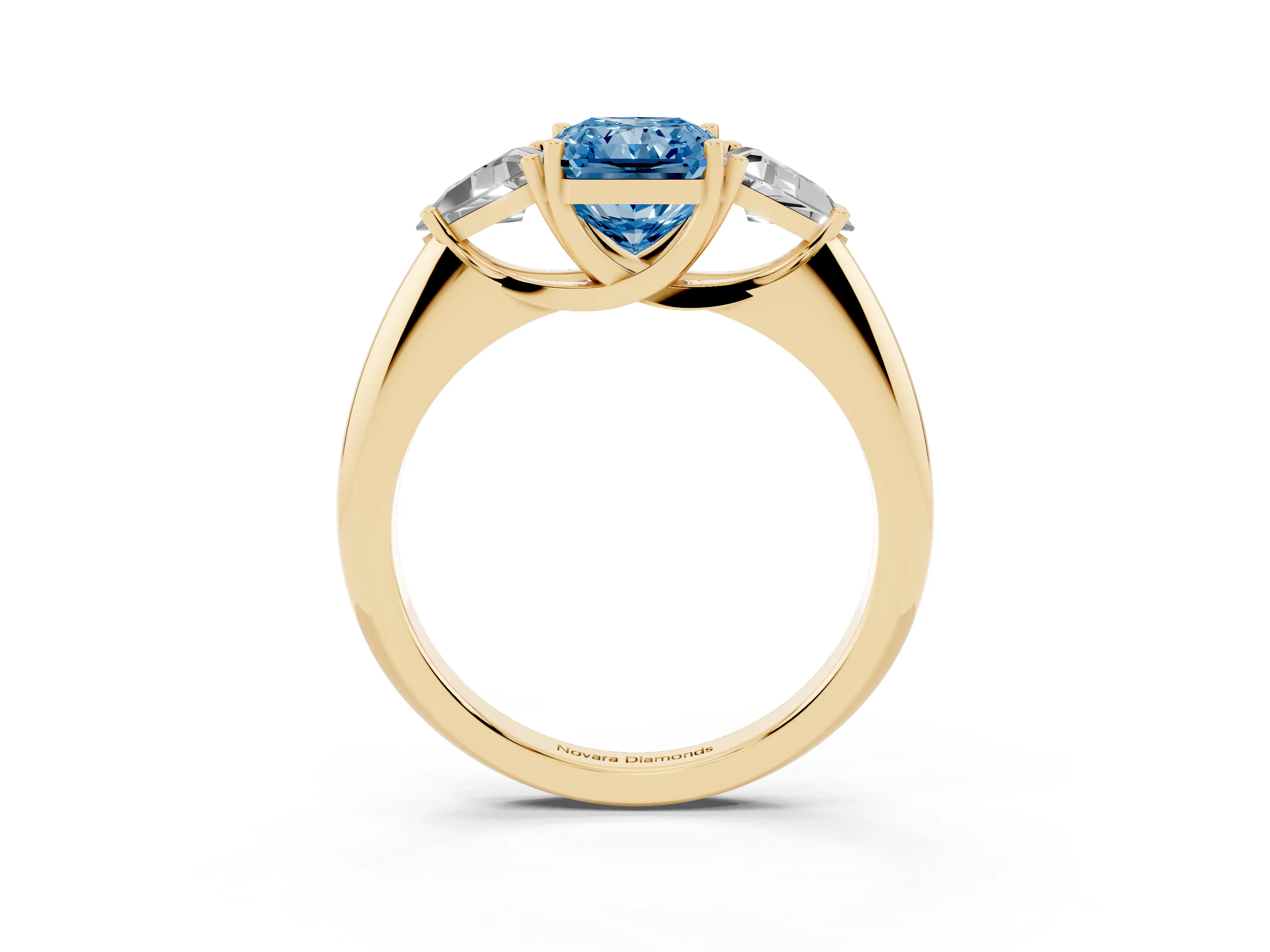Fancy Blue Radiant Cut Diamond Three-Stone Engagement Ring Set in Yellow gold with Trillion Side Stones