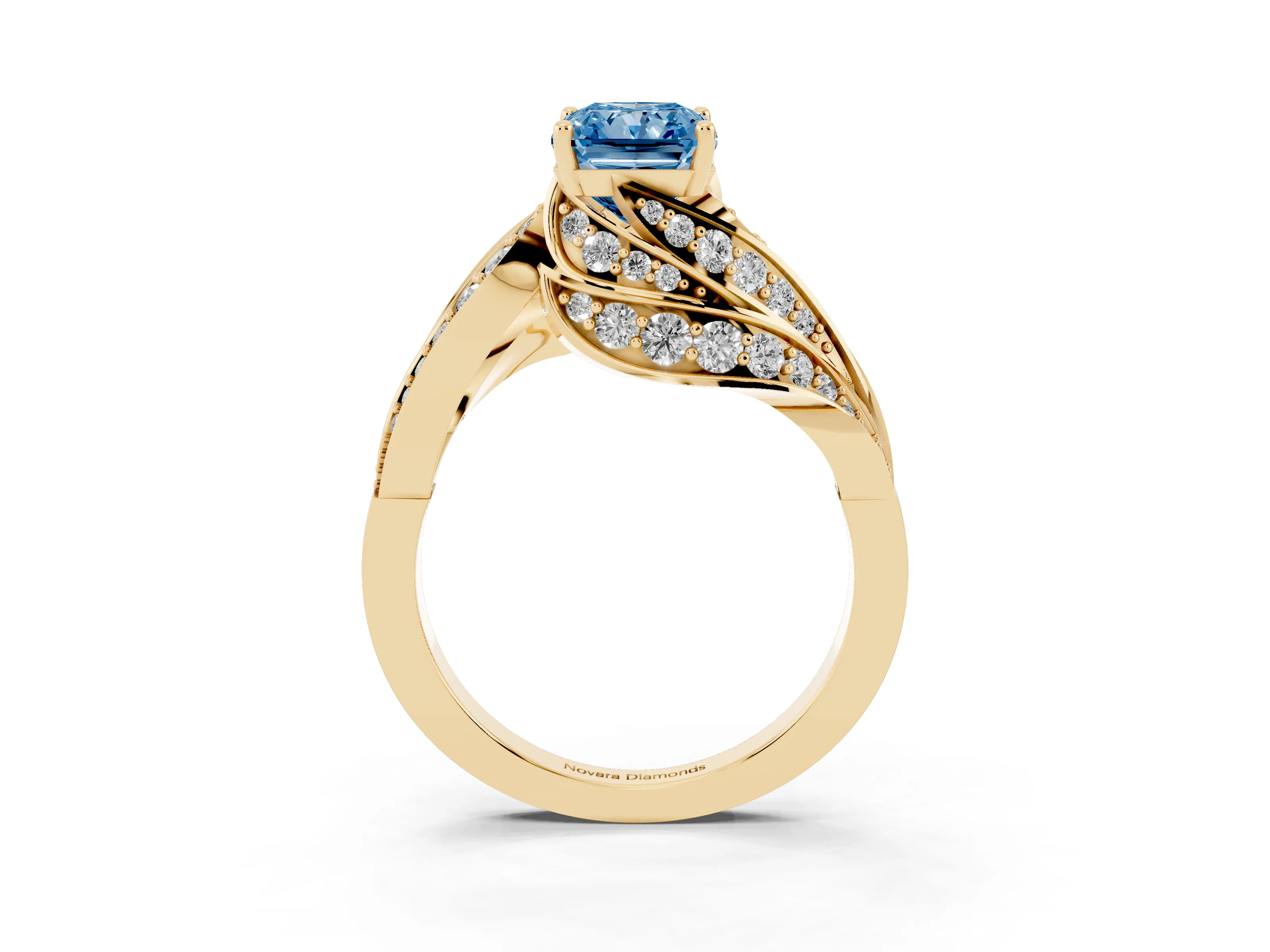 Fancy Blue Radiant Cut Diamond Solitaire Ring Set in Yellow gold with Layered Twist Pavé Band